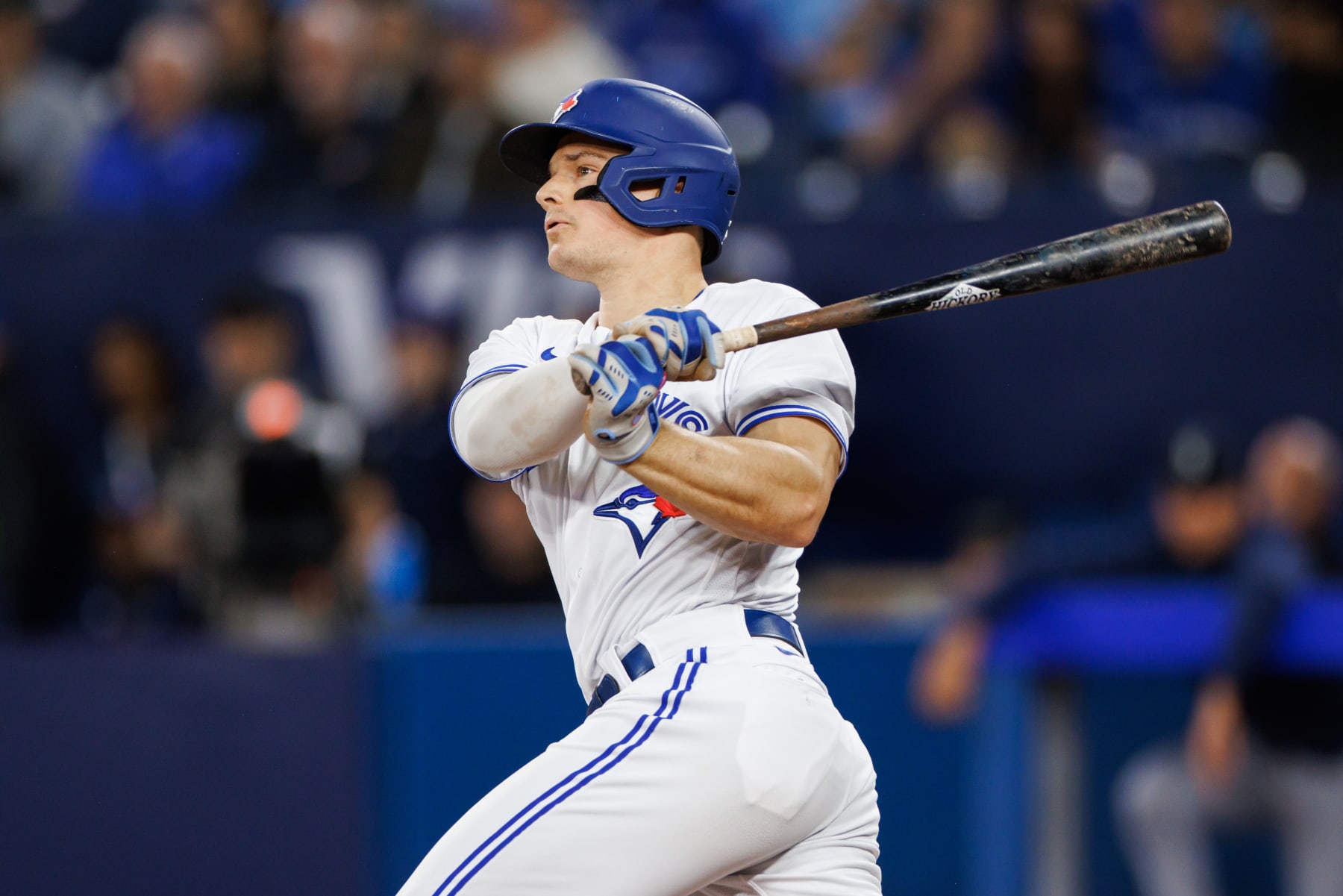 TORONTO, ON - APRIL 30: Matt Chapman #26 of the Toronto Blue Jays hits a 2-RBI double in the first inning of their MLB game against the Seattle Mariners at Rogers Centre on April 30, 2023 in Toronto, Canada. (Photo by Cole Burston/Getty Images)