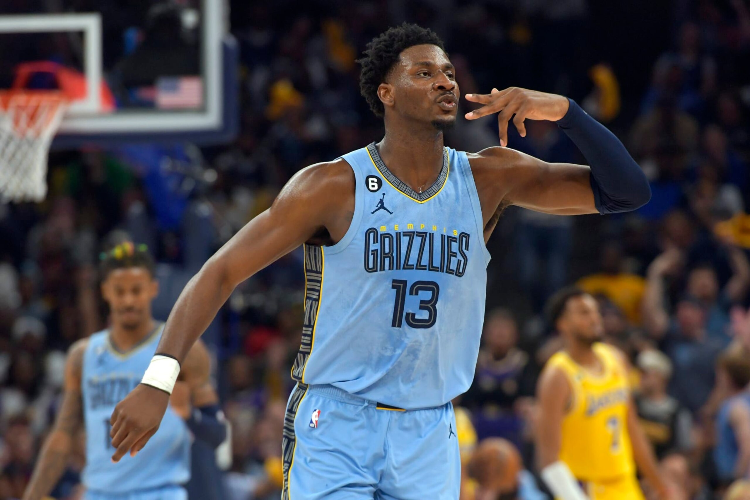 Memphis Grizzlies forward Jaren Jackson Jr. (13) reacts after scoring against the Los Angeles Lakers during the second half of Game 5 in a first-round NBA basketball playoff series Wednesday, April 26, 2023, in Memphis, Tenn. (AP Photo/Brandon Dill)