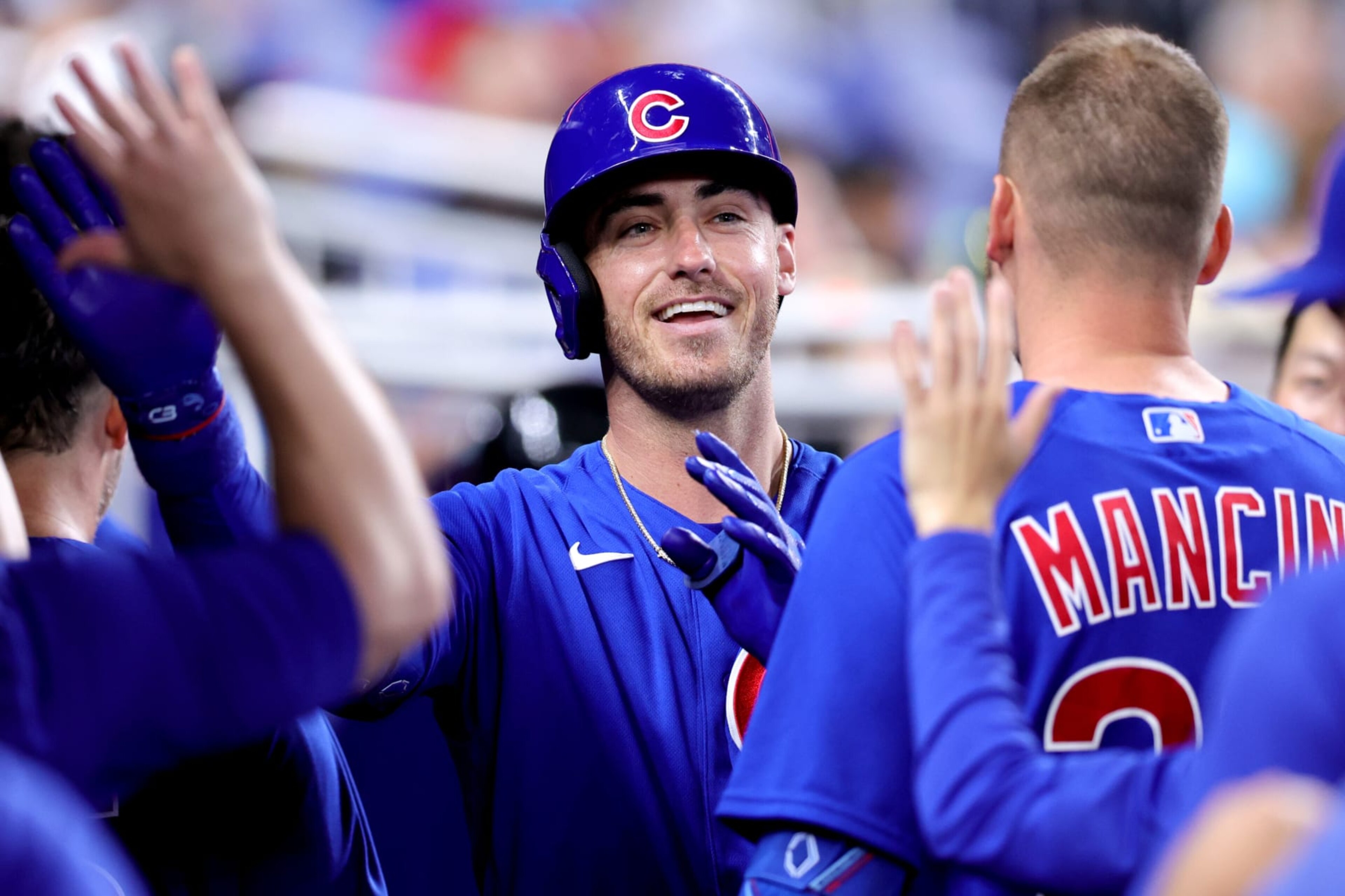 MIAMI, FLORIDA - APRIL 30: Cody Bellinger #24 of the Chicago Cubs celebrates with teammates after hitting a home run against the Miami Marlins during the sixth inning at loanDepot park on April 30, 2023 in Miami, Florida. (Photo by Megan Briggs/Getty Images) MIAMI, FLORIDA - APRIL 30: Cody Bellinger #24 of the Chicago Cubs celebrates with teammates after hitting a home run against the Miami Marlins during the sixth inning at loanDepot park on April 30, 2023 in Miami, Florida. (Photo by Megan Briggs/Getty Images)