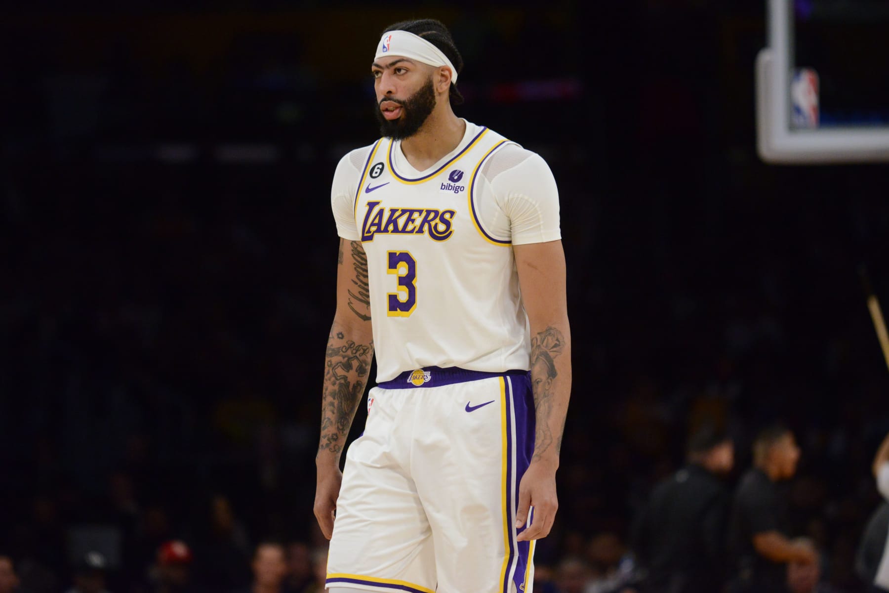 LOS ANGELES, CA - MAY 6: Anthony Davis #3 of the Los Angeles Lakers looks on during the game against the Golden State Warriors during the Western Conference Semi Finals during the 2023 NBA Playoffs on May 6, 2023 at Crypto.Com Arena in Los Angeles, California. NOTE TO USER: User expressly acknowledges and agrees that, by downloading and/or using this Photograph, user is consenting to the terms and conditions of the Getty Images License Agreement. Mandatory Copyright Notice: Copyright 2023 NBAE (Photo by Noah Graham/NBAE via Getty Images)