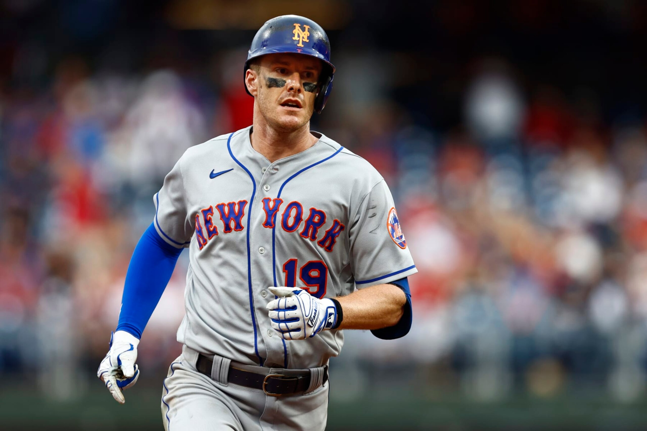 PHILADELPHIA, PA - AUGUST 21: Mark Canha #19 of the New York Mets rounds the bases after hitting a two-run home run against the Philadelphia Phillies during the ninth inning of a game at Citizens Bank Park on August 21, 2022 in Philadelphia, Pennsylvania. The Mets defeated the Phillies 10-9. (Photo by Rich Schultz/Getty Images)