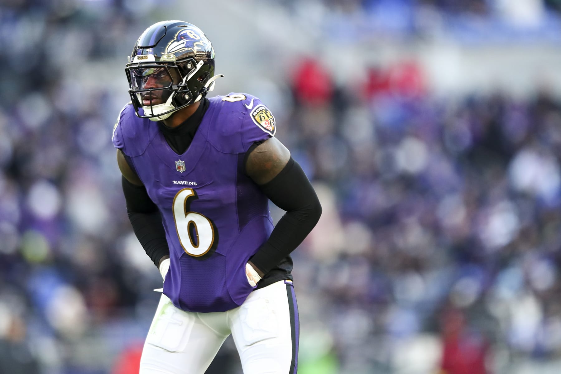 BALTIMORE, MD - NOVEMBER 20: Patrick Queen #6 of the Baltimore Ravens lines up before a play during the third quarter of an NFL football game against the Carolina Panthers at M&T Bank Stadium on November 20, 2022 in Baltimore, Maryland. (Photo by Kevin Sabitus/Getty Images)