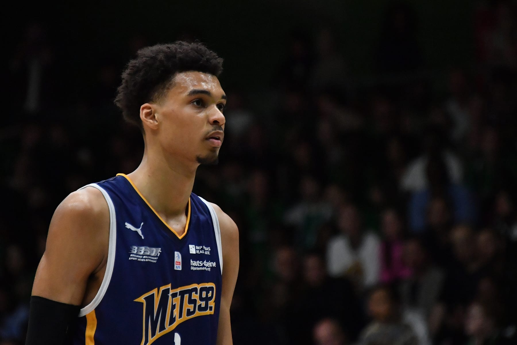 PARIS, FRANCE - MAY 09: Victor Wembanyama of Metropolitans 92 in action during the LNB Pro A Betclic Elite basketball match between Nanterre 92 and Metropolitans 92 at Palais des Sports Maurice Thorez on 09 May 2023, in Nanterre near Paris, France. (Photo by Christian Liewig - Corbis/Corbis via Getty Images)