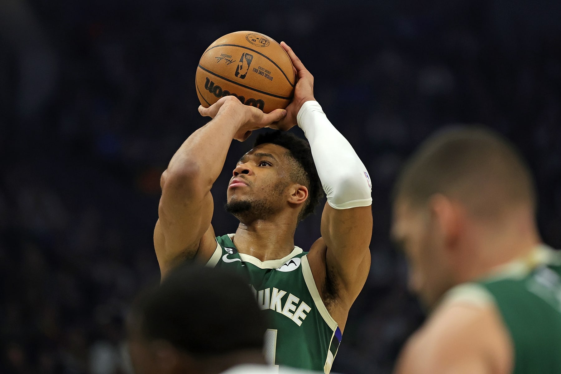 MILWAUKEE, WISCONSIN - APRIL 26: Giannis Antetokounmpo #34 of the Milwaukee Bucks shoots a free throw during the first half of Game 5 of the Eastern Conference First Round Playoffs against the Miami Heat at Fiserv Forum on April 26, 2023 in Milwaukee, Wisconsin. NOTE TO USER: User expressly acknowledges and agrees that, by downloading and or using this photograph, User is consenting to the terms and conditions of the Getty Images License Agreement. (Photo by Stacy Revere/Getty Images)