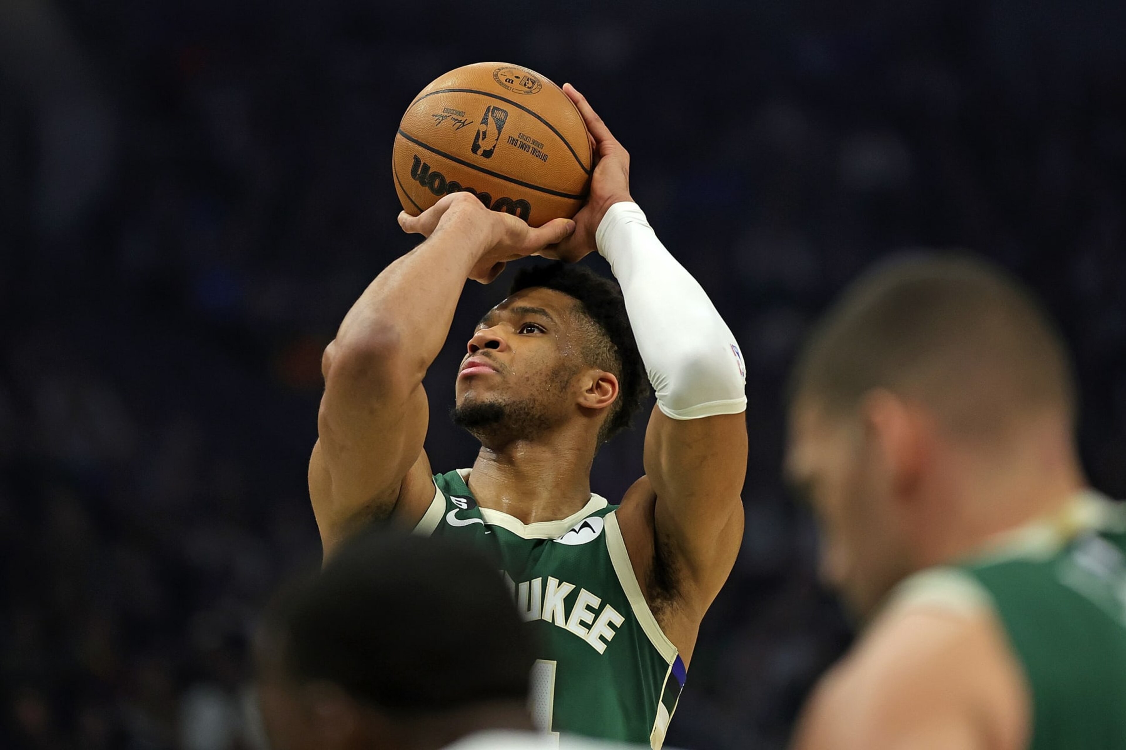 MILWAUKEE, WISCONSIN - APRIL 26: Giannis Antetokounmpo #34 of the Milwaukee Bucks shoots a free throw during the first half of Game 5 of the Eastern Conference First Round Playoffs against the Miami Heat at Fiserv Forum on April 26, 2023 in Milwaukee, Wisconsin. NOTE TO USER: User expressly acknowledges and agrees that, by downloading and or using this photograph, User is consenting to the terms and conditions of the Getty Images License Agreement. (Photo by Stacy Revere/Getty Images)