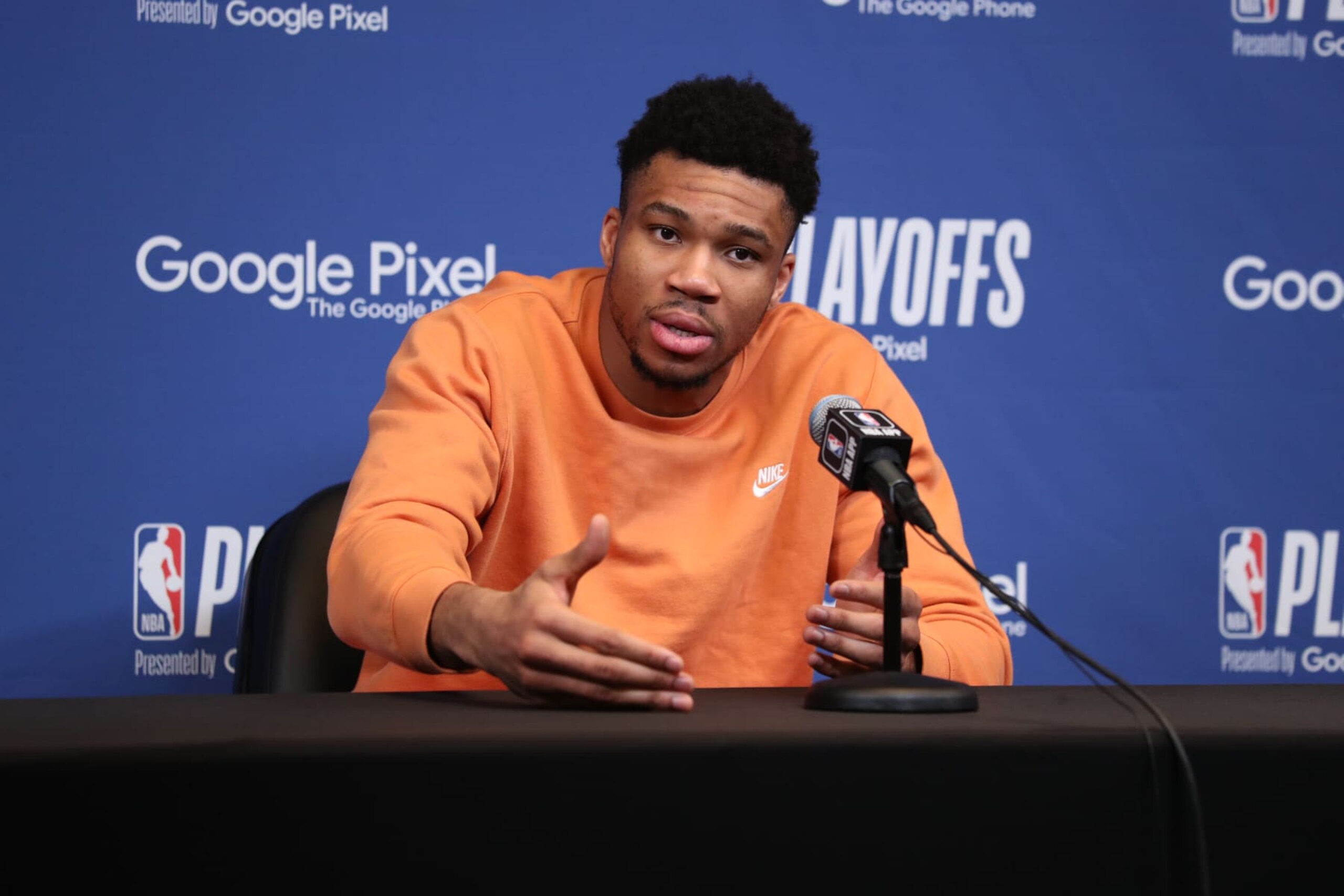 MILWAUKEE, WI - APRIL 26: Giannis Antetokounmpo #34 of the Milwaukee Bucks addresses the media after Round One Game Five of the 2023 NBA Playoffs on April 26, 2023 at the Fiserv Forum Center in Milwaukee, Wisconsin. NOTE TO USER: User expressly acknowledges and agrees that, by downloading and or using this Photograph, user is consenting to the terms and conditions of the Getty Images License Agreement. Mandatory Copyright Notice: Copyright 2023 NBAE (Photo by Gary Dineen/NBAE via Getty Images).