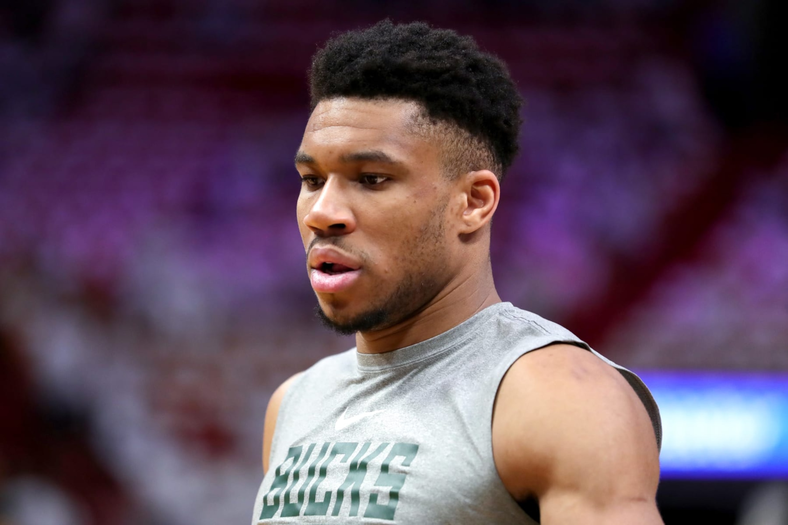MIAMI, FLORIDA - APRIL 24: Giannis Antetokounmpo #34 of the Milwaukee Bucks warms up prior to playing the Miami Heat in Game Four of the Eastern Conference First Round Playoffs at Kaseya Center on April 24, 2023 in Miami, Florida. NOTE TO USER: User expressly acknowledges and agrees that, by downloading and or using this photograph, User is consenting to the terms and conditions of the Getty Images License Agreement. (Photo by Megan Briggs/Getty Images)