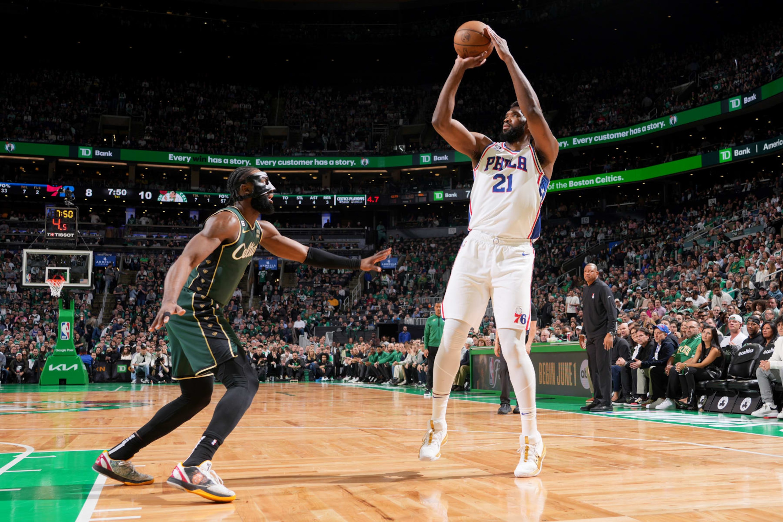 BOSTON, MA - MAY 9: Joel Embiid #21 of the Philadelphia 76ers shoots the ball during the game against the Boston Celtics during Game 5 of the 2023 NBA Playoffs Eastern Conference semi-finals on MAY 9, 2023 at the TD Garden in Boston, Massachusetts. NOTE TO USER: User expressly acknowledges and agrees that, by downloading and or using this photograph, User is consenting to the terms and conditions of the Getty Images License Agreement. Mandatory Copyright Notice: Copyright 2023 NBAE  (Photo by Jesse D. Garrabrant/NBAE via Getty Images)