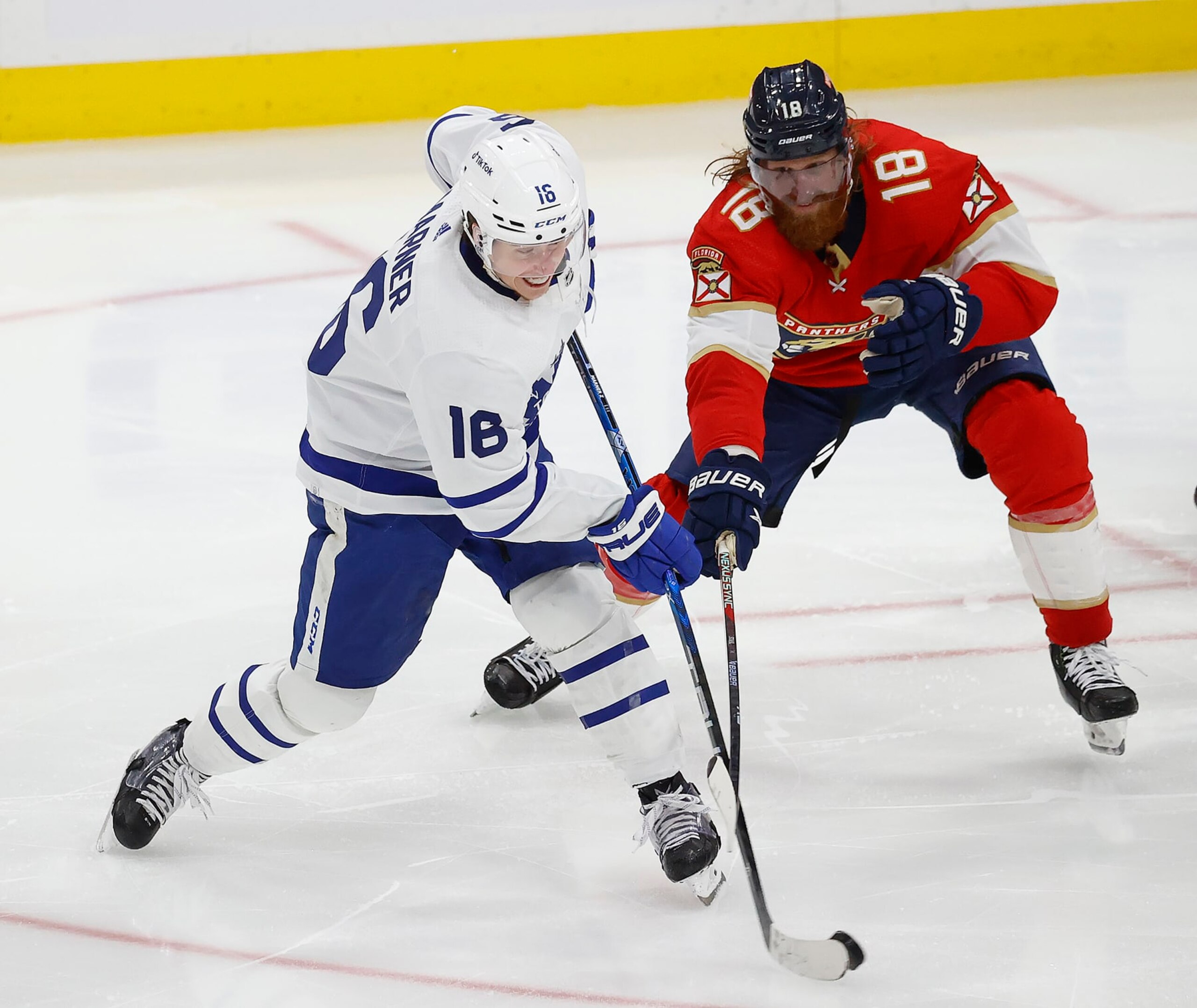 SUNRISE, FLORIDA - MAY 7: Mitchell Marner #16 of the Toronto Maple Leafs tangles with Marc Staal #18 of the Florida Panthers in Game Three of the Second Round of the 2023 Stanley Cup Playoffs at the FLA Live Arena on May 7, 2023 in Sunrise, Florida. (Photo by Eliot J. Schechter/NHLI via Getty Images)