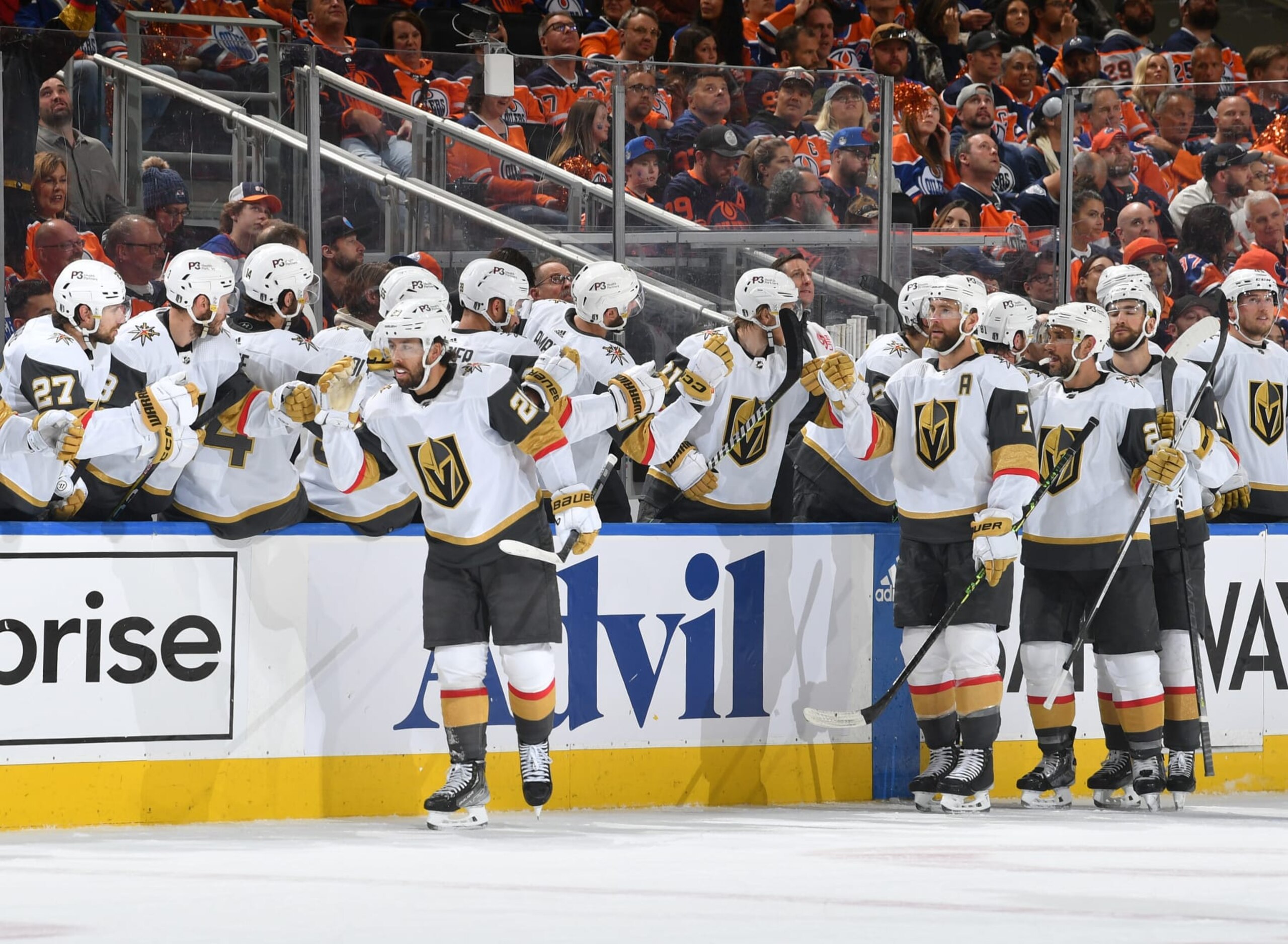 EDMONTON, CANADA - MAY 8: Chandler Stephenson #20 of the Vegas Golden Knights celebrates after his second period goal against the Edmonton Oilers with his teammates at the bench in Game Three of the Second Round of the 2023 Stanley Cup Playoffs at Rogers Place on May 8, 2023, in Edmonton, Alberta, Canada. (Photo by Andy Devlin/NHLI via Getty Images)