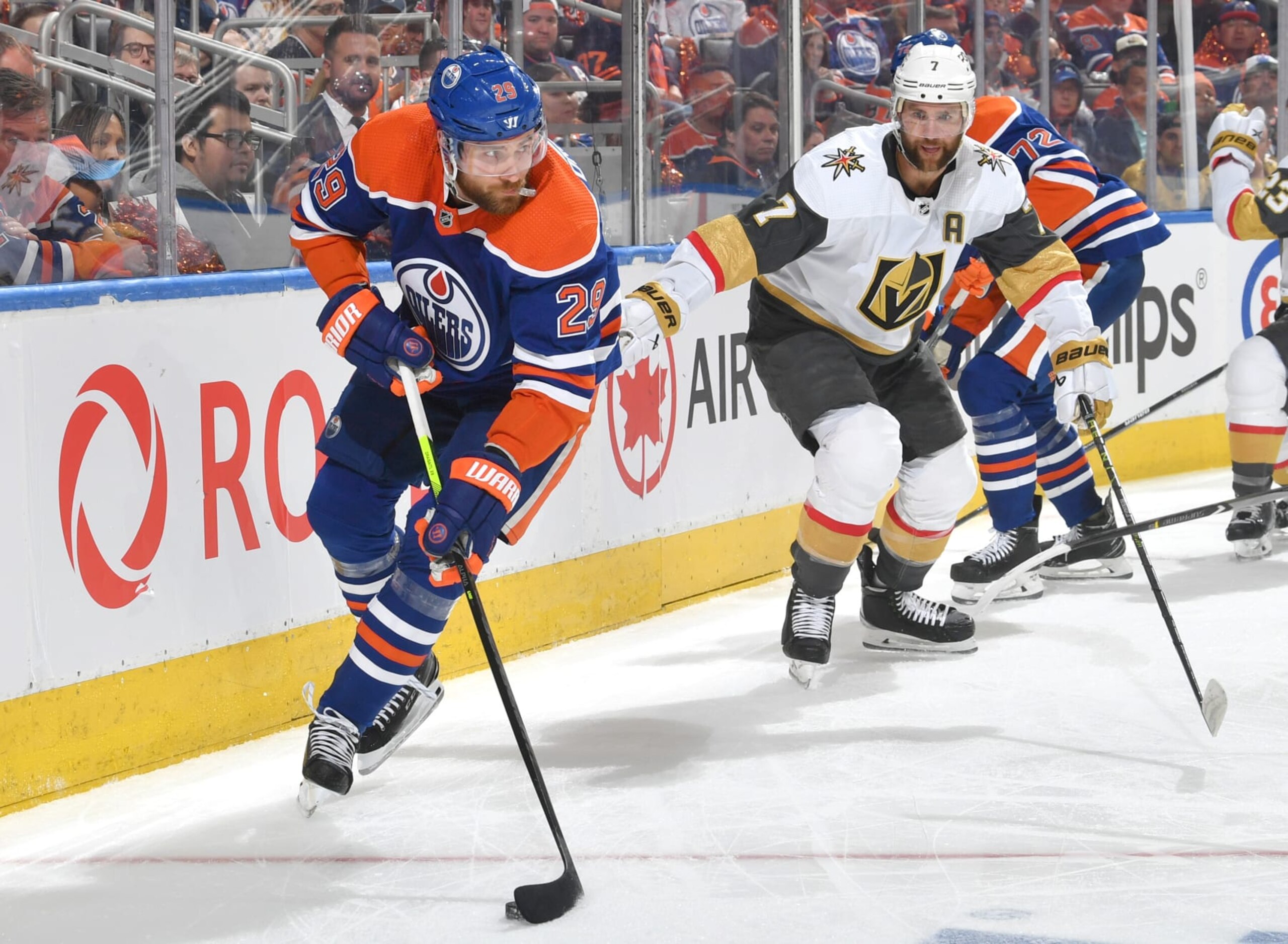 EDMONTON, CANADA - MAY 8: Leon Draisaitl #29 of the Edmonton Oilers skates against Alex Pietrangelo #7 of the Vegas Golden Knights in Game Three of the Second Round of the 2023 Stanley Cup Playoffs at Rogers Place on May 8, 2023, in Edmonton, Alberta, Canada. (Photo by Andy Devlin/NHLI via Getty Images)