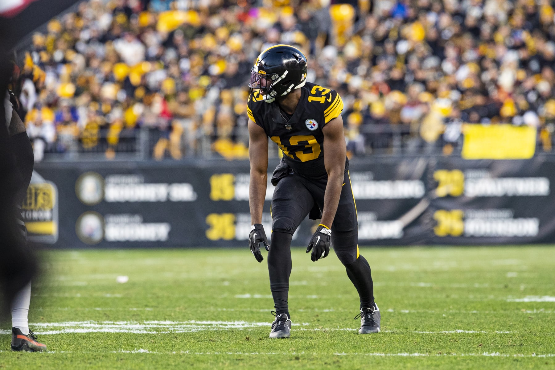 PITTSBURGH, PA - NOVEMBER 20: Pittsburgh Steelers wide receiver Miles Boykin (13) looks on during the national football league game between the Cincinnati Bengals and the Pittsburgh Steelers on November 20, 2022 at Acrisure Stadium in Pittsburgh, PA. (Photo by Mark Alberti/Icon Sportswire via Getty Images)