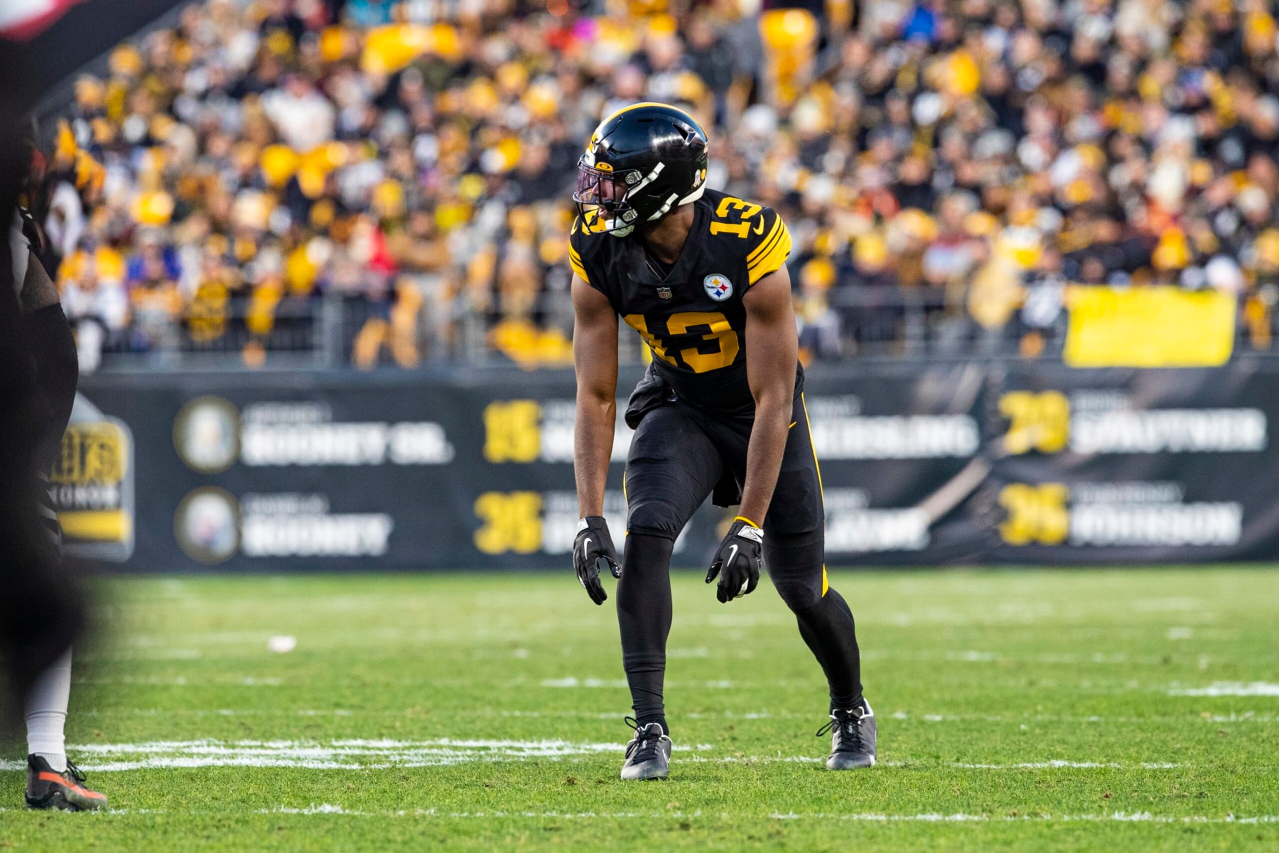 PITTSBURGH, PA - NOVEMBER 20: Pittsburgh Steelers wide receiver Miles Boykin (13) looks on during the national football league game between the Cincinnati Bengals and the Pittsburgh Steelers on November 20, 2022 at Acrisure Stadium in Pittsburgh, PA. (Photo by Mark Alberti/Icon Sportswire via Getty Images)
