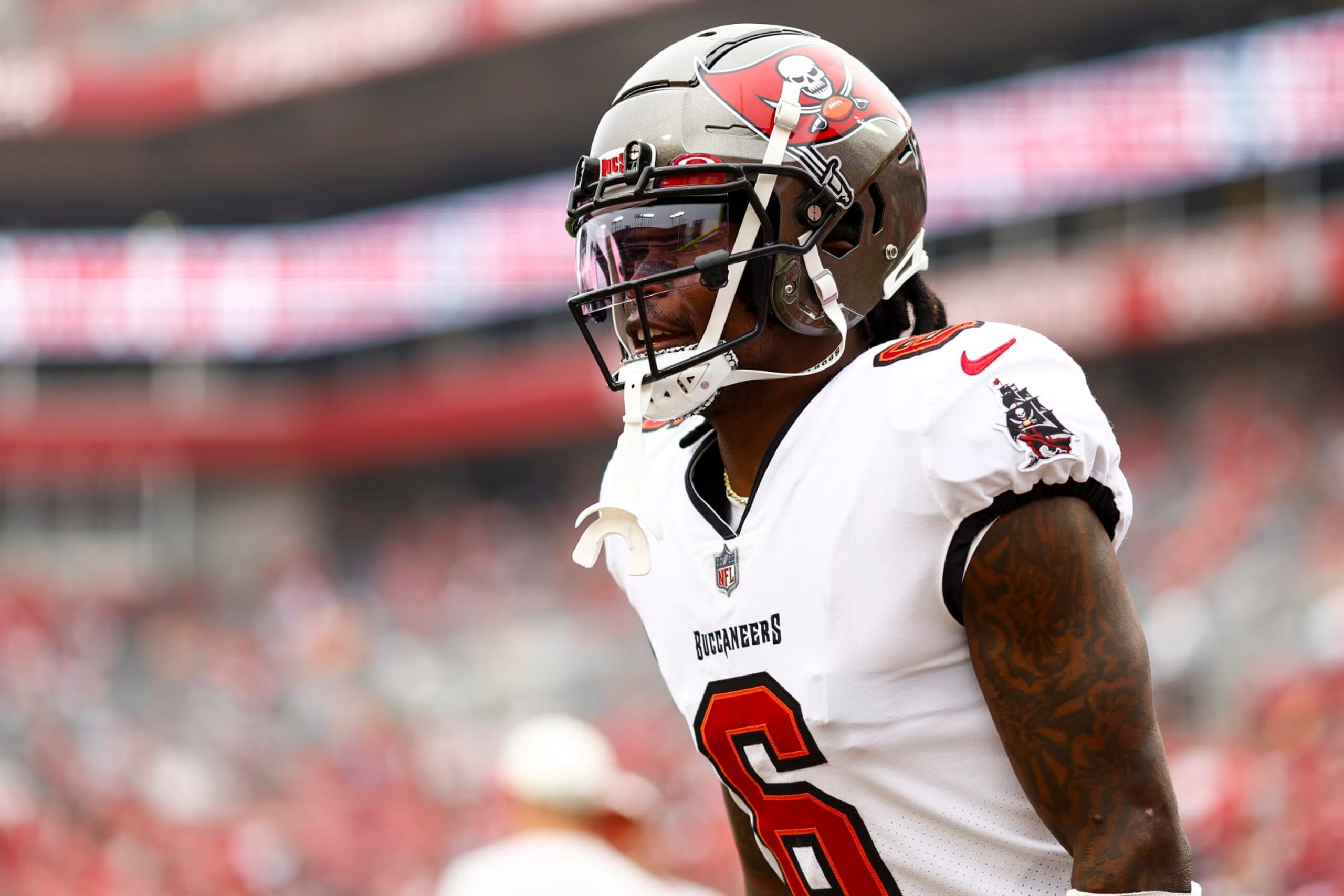 TAMPA, FL - JANUARY 1: Julio Jones #6 of the Tampa Bay Buccaneers warms up prior to an NFL football game against the Carolina Panthers at Raymond James Stadium on January 1, 2023 in Tampa, Florida. (Photo by Kevin Sabitus/Getty Images)