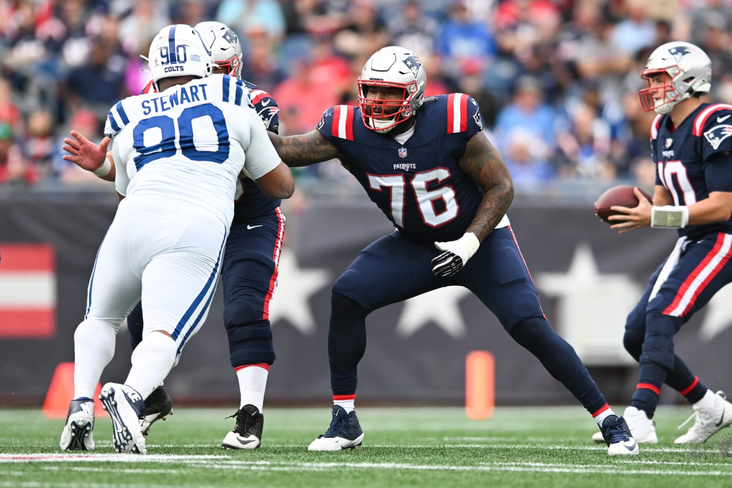 FOXBOROUGH, MA - NOVEMBER 6, 2022: Isaiah Wynn #76 of the New England Patriots looks to block during a game against the Indianapolis Colts at Gillette Stadium on November 6, 2022 in Foxborough, Massachusetts. (Photo by Kathryn Riley/Getty Images)