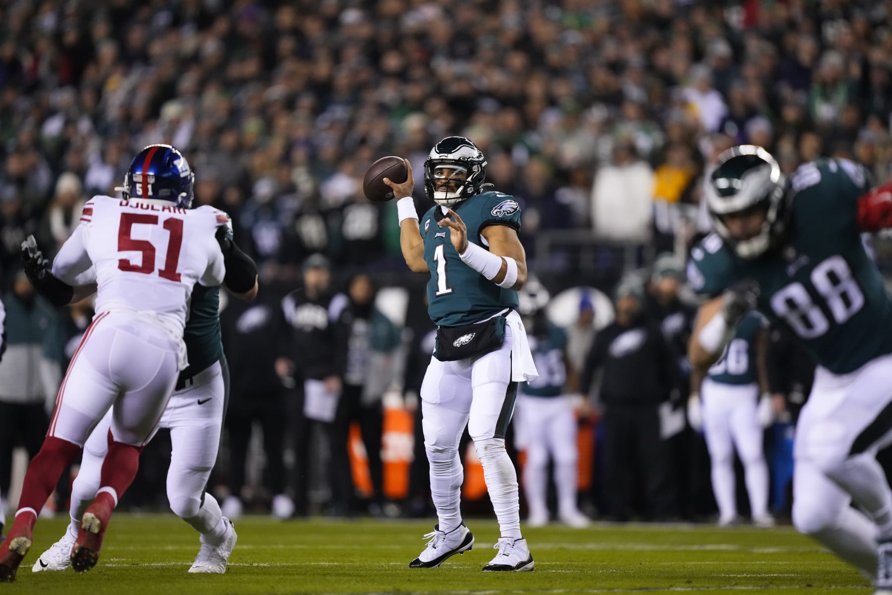 Philadelphia Eagles quarterback Jalen Hurts in action before an NFL divisional round playoff football game, Saturday, Jan. 21, 2023, in Philadelphia. (AP Photo/Matt Rourke)