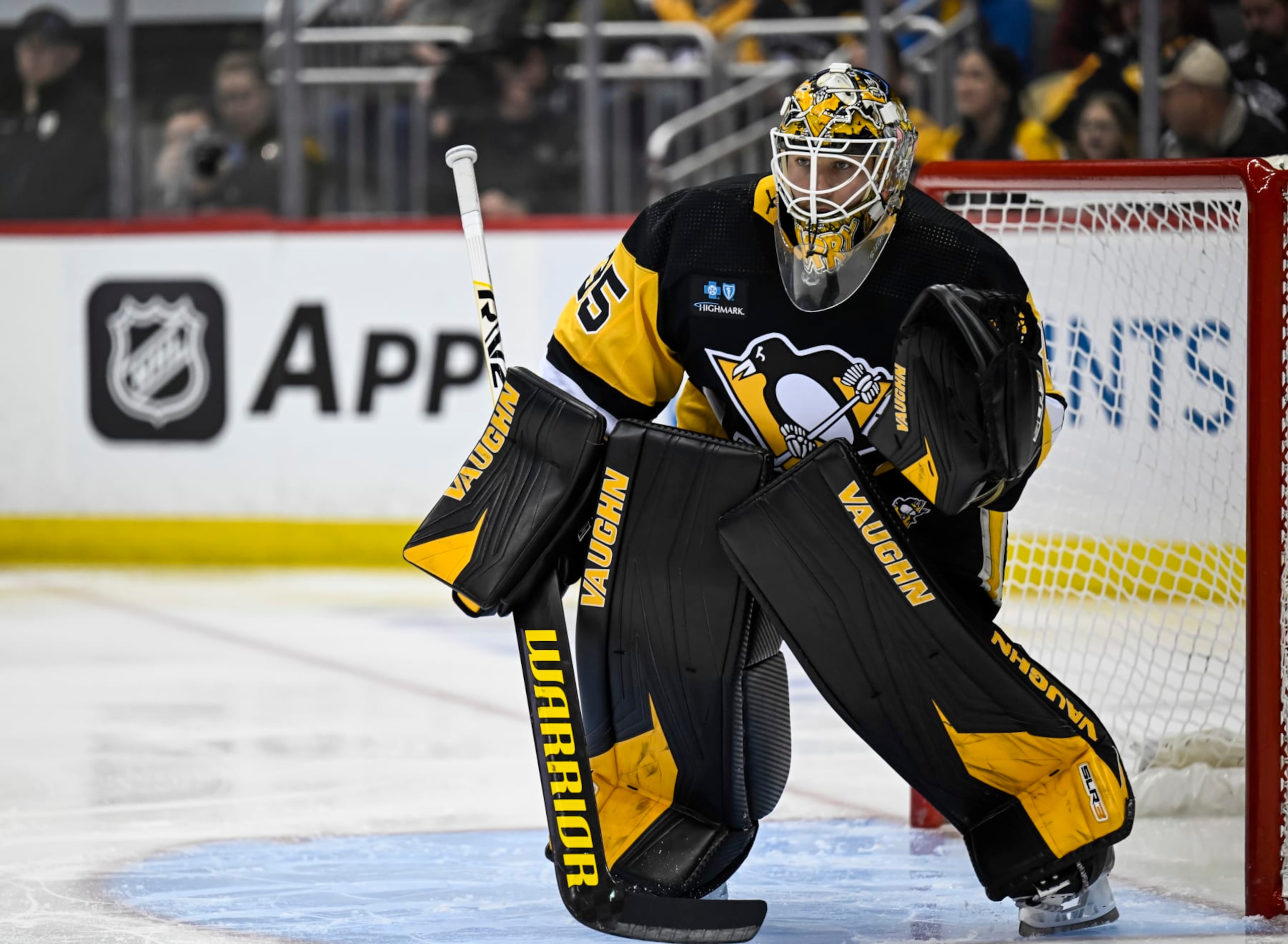 PITTSBURGH, PA - APRIL 01: Pittsburgh Penguins Goalie Tristan Jarry (35) tends net during the first period in the NHL game between the Pittsburgh Penguins and the Boston Bruins on April 1, 2023, at PPG Paints Arena in Pittsburgh, PA. (Photo by Jeanine Leech/Icon Sportswire via Getty Images)