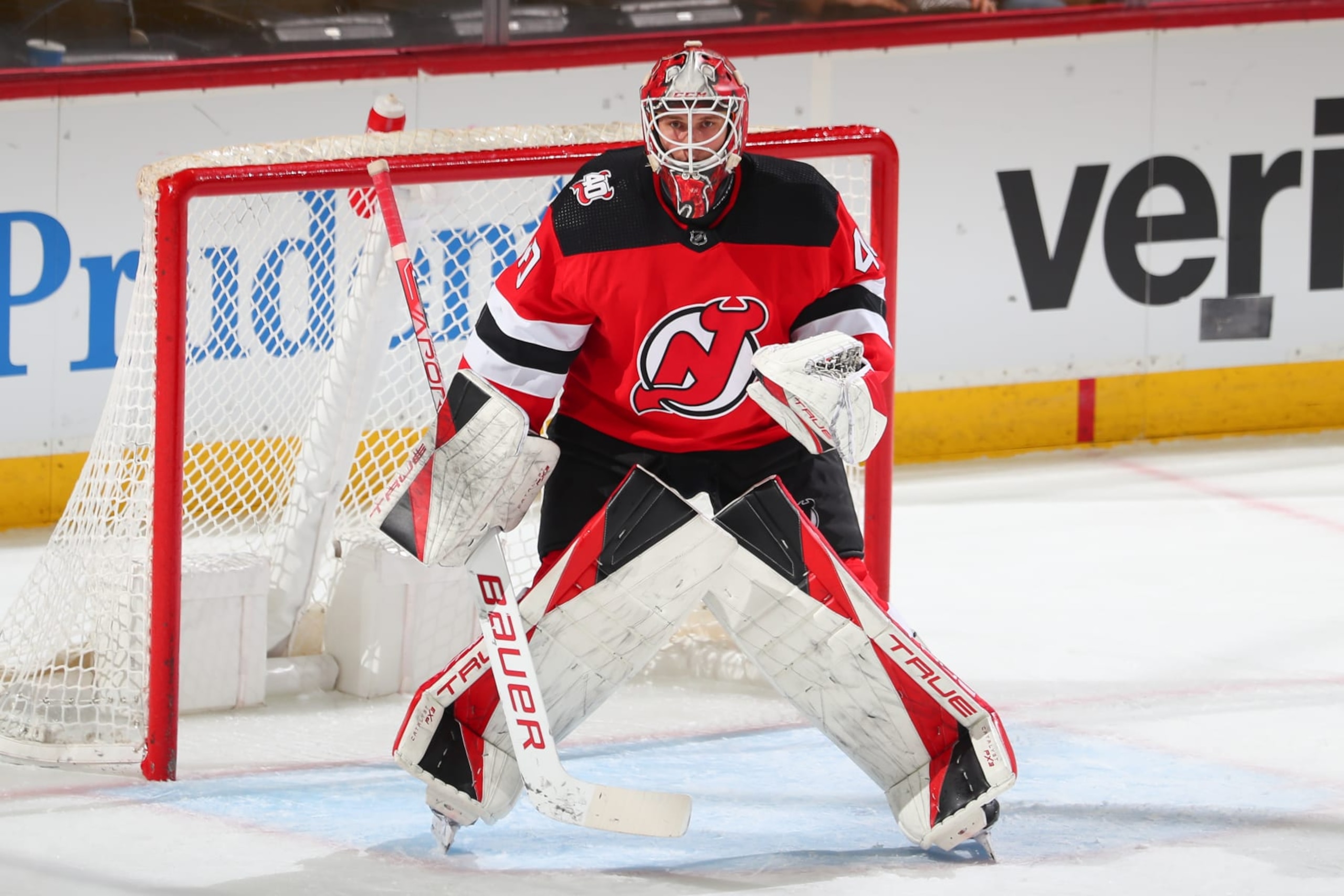 NEWARK, NJ - MARCH 16:  Akira Schmid #40 of the New Jersey Devils against the Tampa Bay Lightning on March 16, 2023 at the Prudential Center in Newark, New Jersey.  (Photo by Rich Graessle/NHLI via Getty Images)