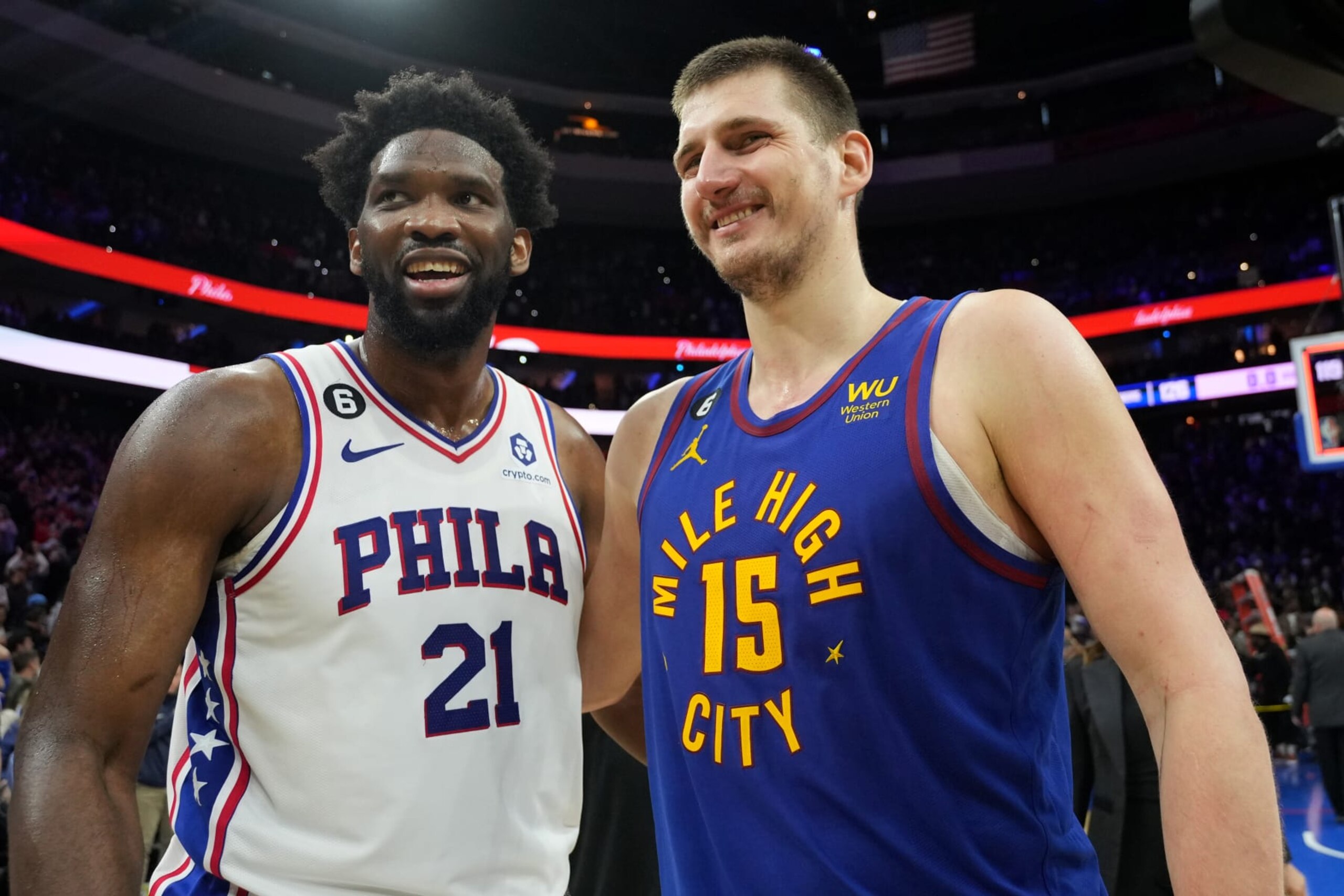 PHILADELPHIA, PA - JANUARY 28: Joel Embiid #21 of the Philadelphia 76ers talks with Nikola Jokic #15 of the Denver Nuggets after the game on January 28, 2023 at the Wells Fargo Center in Philadelphia, Pennsylvania NOTE TO USER: User expressly acknowledges and agrees that, by downloading and/or using this Photograph, user is consenting to the terms and conditions of the Getty Images License Agreement. Mandatory Copyright Notice: Copyright 2023 NBAE (Photo by Jesse D. Garrabrant/NBAE via Getty Images)
