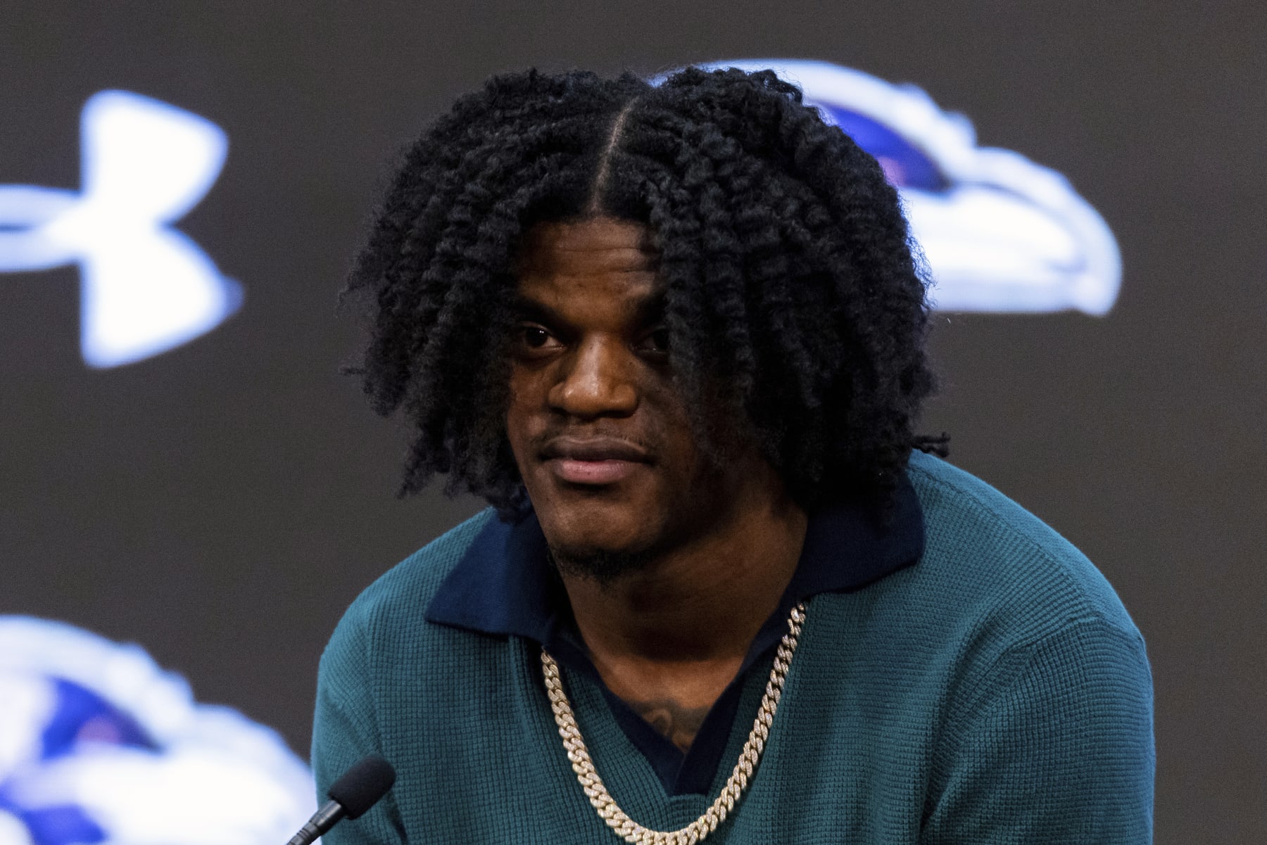 Baltimore Ravens quarterback Lamar Jackson speaks during a news conference at the NFL football team's training center, Thursday, May 4, 2023, in Owings Mills, Md. (AP Photo/Julia Nikhinson)
