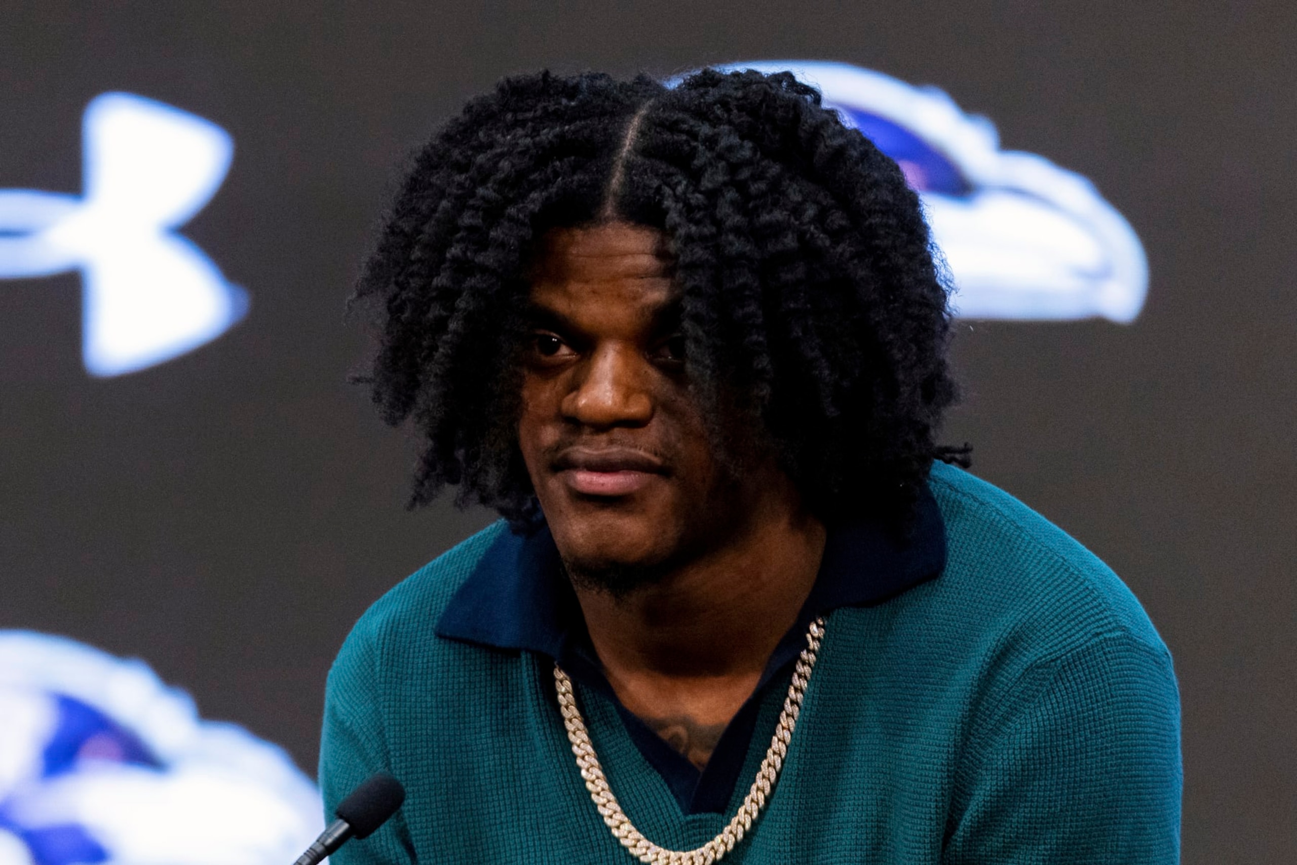 Baltimore Ravens quarterback Lamar Jackson speaks during a news conference at the NFL football team's training center, Thursday, May 4, 2023, in Owings Mills, Md. (AP Photo/Julia Nikhinson)