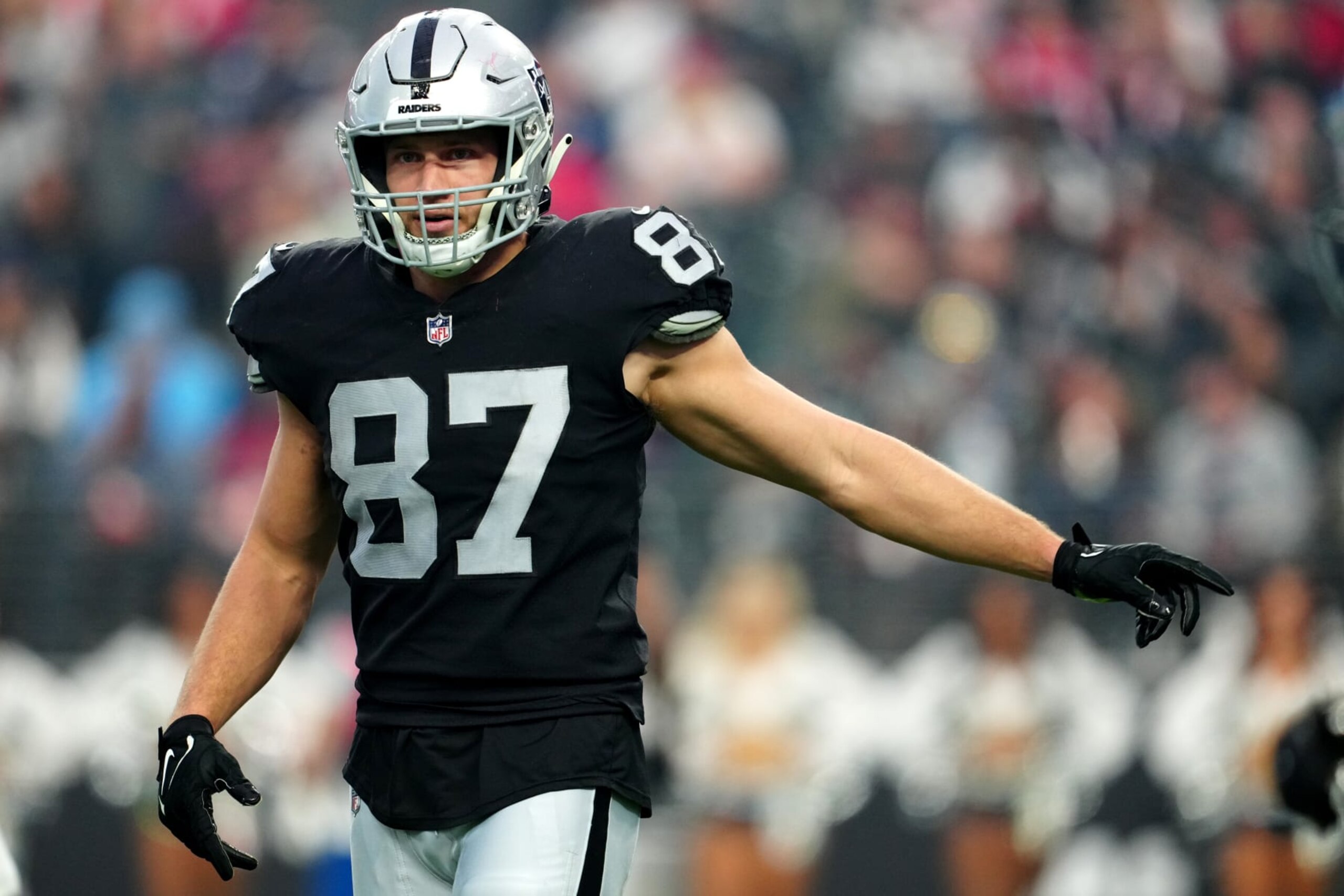 LAS VEGAS, NEVADA - DECEMBER 18: Foster Moreau #87 of the Las Vegas Raiders reacts during the second half against the New England Patriots at Allegiant Stadium on December 18, 2022 in Las Vegas, Nevada. (Photo by Jeff Bottari/Getty Images)