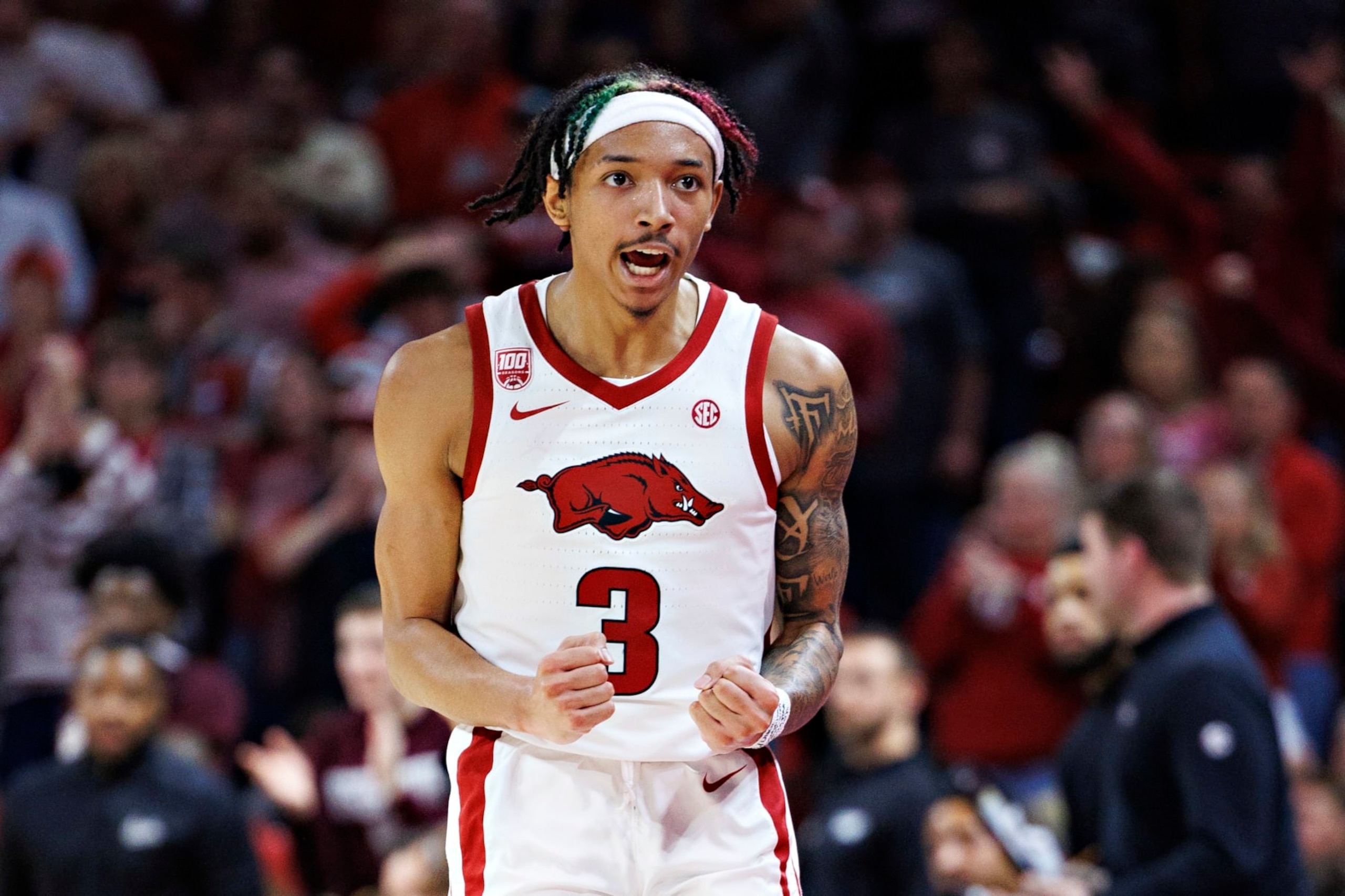 FAYETTEVILLE, ARKANSAS - FEBRUARY 11: Nick Smith Jr. #3 of the Arkansas Razorbacks gets excited during a game against the Mississippi State Bulldogs at Bud Walton Arena on February 11, 2023 in Fayetteville, Arkansas. The Bulldogs defeated the Razorbacks 70-64. (Photo by Wesley Hitt/Getty Images) FAYETTEVILLE, ARKANSAS - FEBRUARY 11: Nick Smith Jr. #3 of the Arkansas Razorbacks gets excited during a game against the Mississippi State Bulldogs at Bud Walton Arena on February 11, 2023 in Fayetteville, Arkansas. The Bulldogs defeated the Razorbacks 70-64. (Photo by Wesley Hitt/Getty Images)