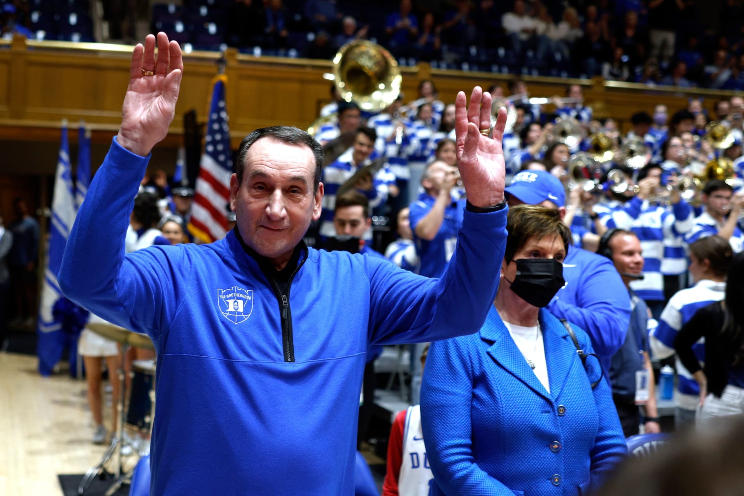 DURHAM, NC - FEBRUARY 14: Former Duke Blue Devils head coach Mike Krzyzewski and his wife, Mickie Krzyzewski, attend the game against the Notre Dame Fighting Irish at Cameron Indoor Stadium on February 14, 2023 in Durham, North Carolina. (Photo by Lance King/Getty Images)