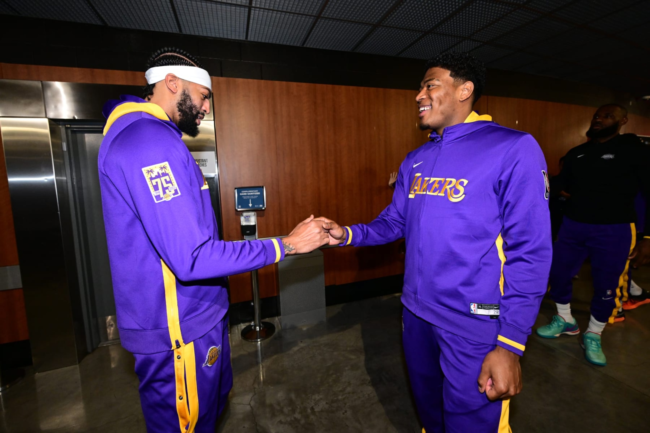 LOS ANGELES, CA - MAY 8: Anthony Davis #3 and Rui Hachimura #28 of the Los Angeles Lakers before Game Four of the Western Conference Semi-Finals of the 2023 NBA Playoffs against the Golden State Warriors on May 8, 2023 at Crypto.com Arena in Los Angeles, California. NOTE TO USER: User expressly acknowledges and agrees that, by downloading and/or using this Photograph, user is consenting to the terms and conditions of the Getty Images License Agreement. Mandatory Copyright Notice: Copyright 2023 NBAE (Photo by Adam Pantozzi/NBAE via Getty Images)