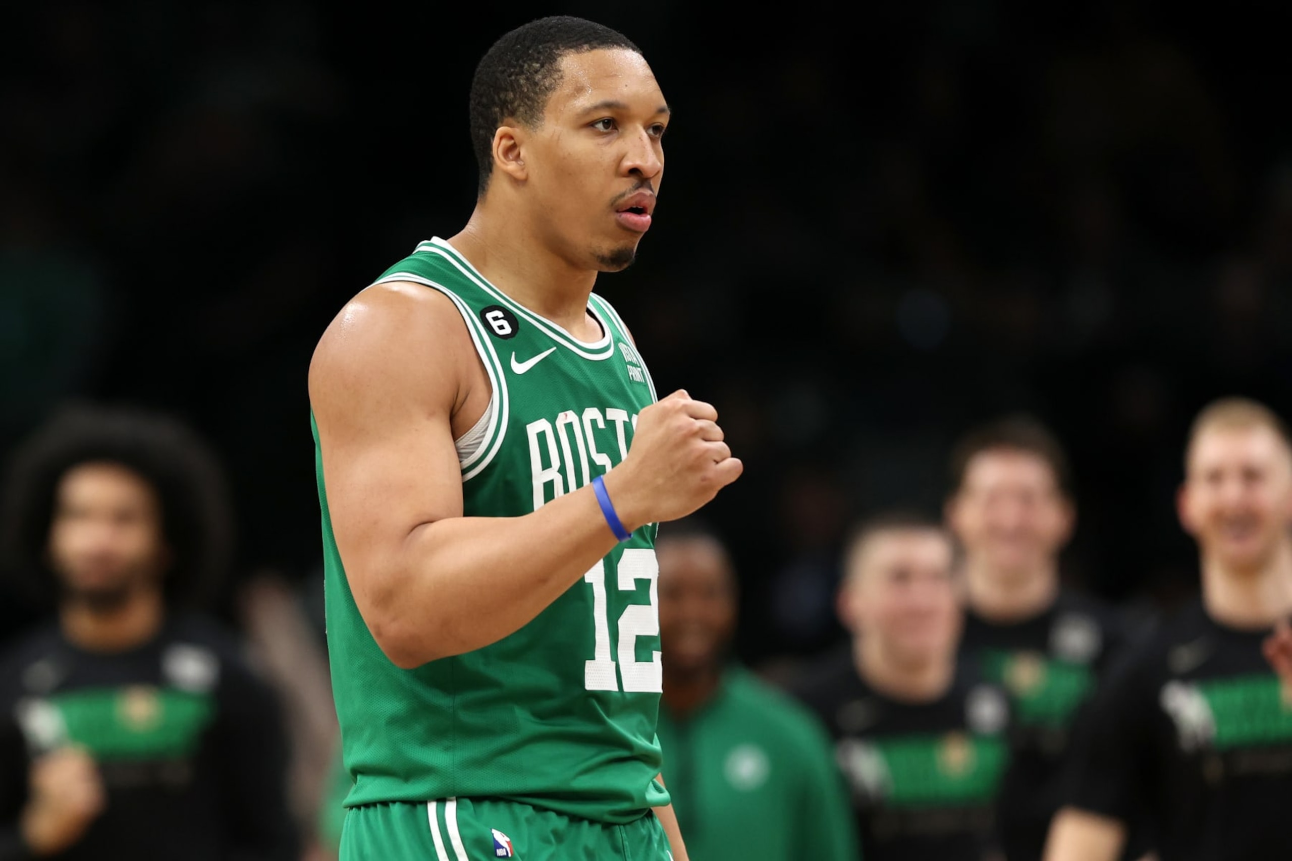 BOSTON, MASSACHUSETTS - MAY 03: Grant Williams #12 of the Boston Celtics celebrates during the third quarter of game two of the Eastern Conference Second Round Playoffs against the Philadelphia 76ers at TD Garden on May 03, 2023 in Boston, Massachusetts. The Celtics defeat the 76ers 121-87. NOTE TO USER: User expressly acknowledges and agrees that, by downloading and or using this photograph, User is consenting to the terms and conditions of the Getty Images License Agreement. (Photo by Maddie Meyer/Getty Images)