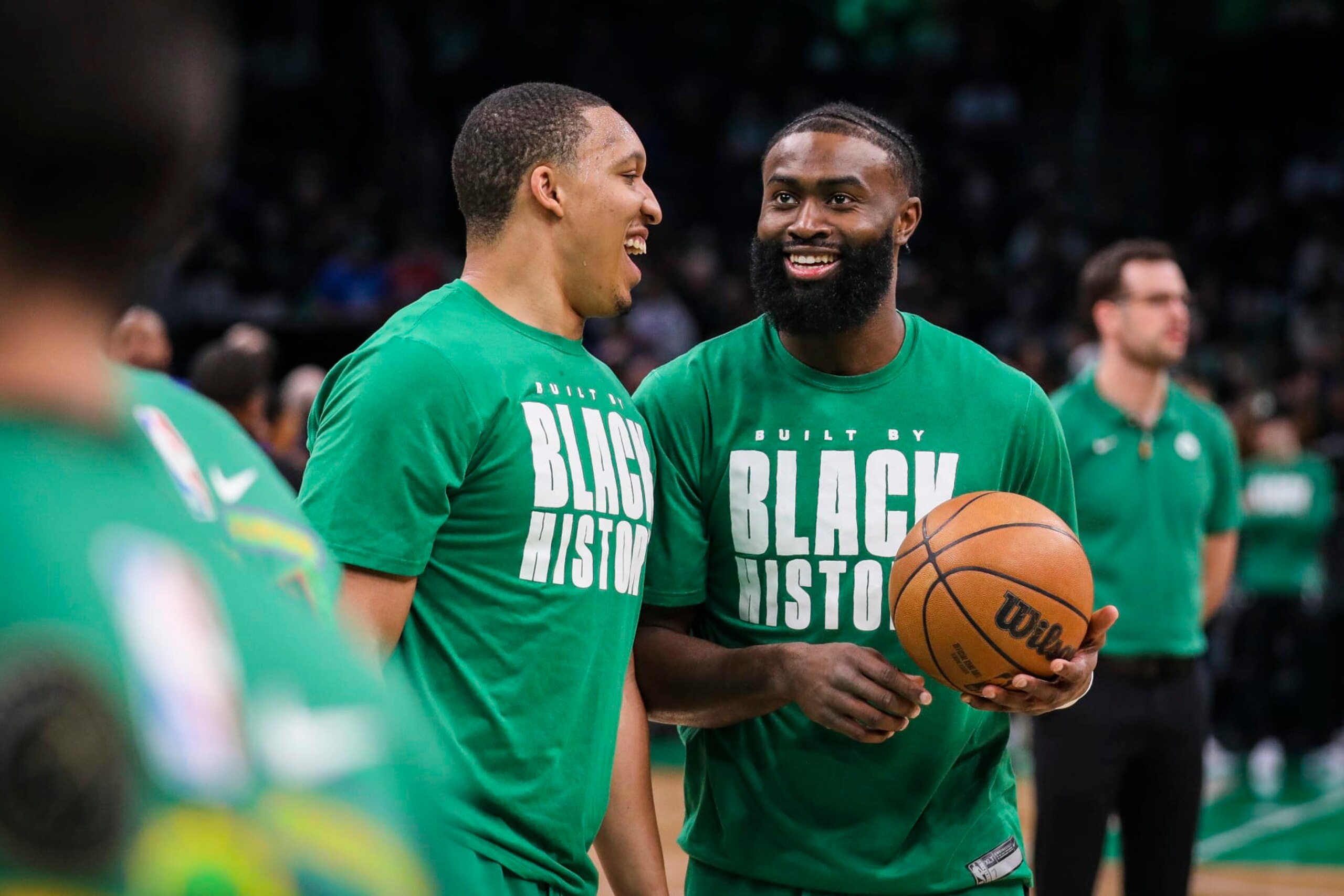 Boston, MA - February 8: Boston Celtics Jaylen Brown and Grant Williams enjoy a pre-game laugh. The Celtics beat the Philadelphia 76ers, 106-99. (Photo by Erin Clark/The Boston Globe via Getty Images)