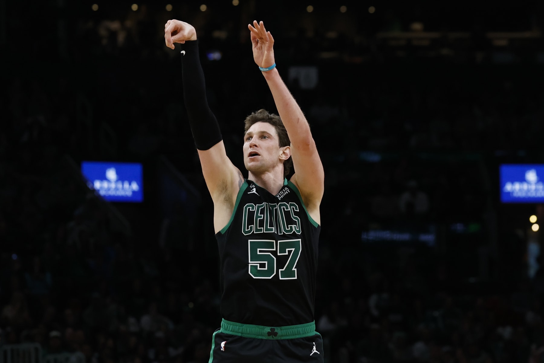BOSTON, MA - APRIL 9: Mike Muscala #57 of the Boston Celtics  during the second half against the Atlanta Hawks at TD Garden on April 9, 2023 in Boston, Massachusetts. NOTE TO USER: User expressly acknowledges and agrees that, by downloading and/or using this Photograph, user is consenting to the terms and conditions of the Getty Images License Agreement. (Photo By Winslow Townson/Getty Images)