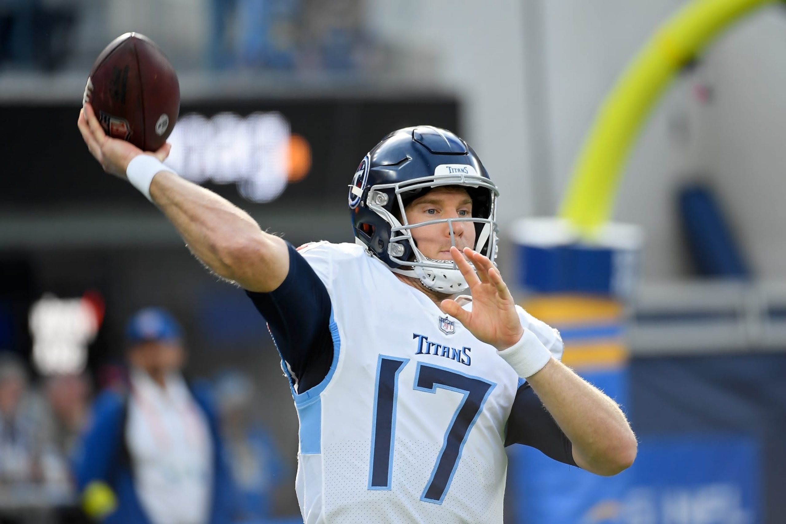 INGLEWOOD, CALIFORNIA - DECEMBER 18: Ryan Tannehill #17 of the Tennessee Titans throws the ball during warmups before the game against the Los Angeles Chargers at SoFi Stadium on December 18, 2022 in Inglewood, California. (Photo by Kevork Djansezian/Getty Images)