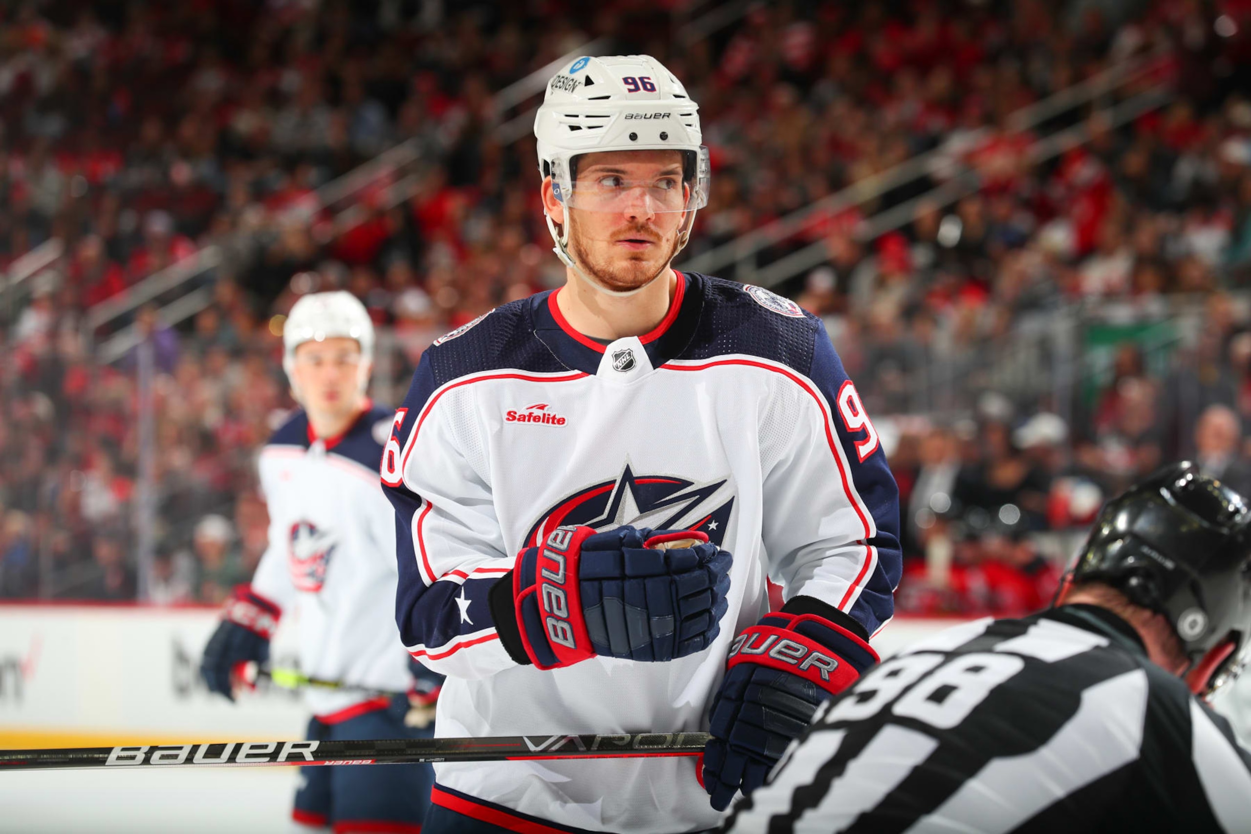 NEWARK, NJ - APRIL 06: Jack Roslovic #96 of the Columbus Blue Jackets in the second period of the game against the New Jersey Devils on April 6, 2023 in Newark, New Jersey.  (Photo by Rich Graessle/NHLI via Getty Images)