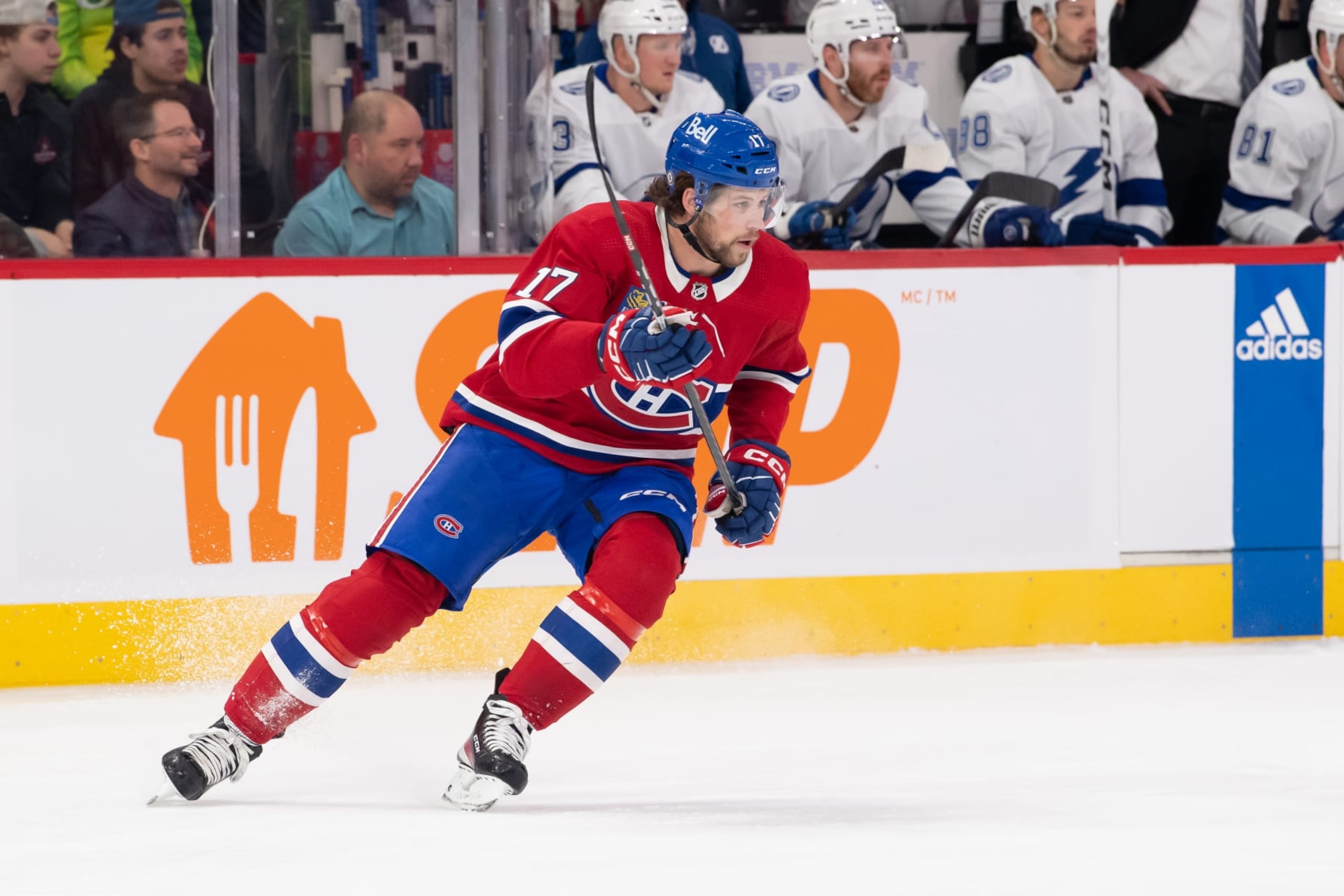 MONTREAL, CANADA - MARCH 21: Josh Anderson #17 of the Montreal Canadiens skates against the Tampa Bay Lightning during the first period in the NHL game at the Centre Bell on March 21, 2023 in Montreal, Quebec, Canada. (Photo by Francois Lacasse/NHLI via Getty Images)