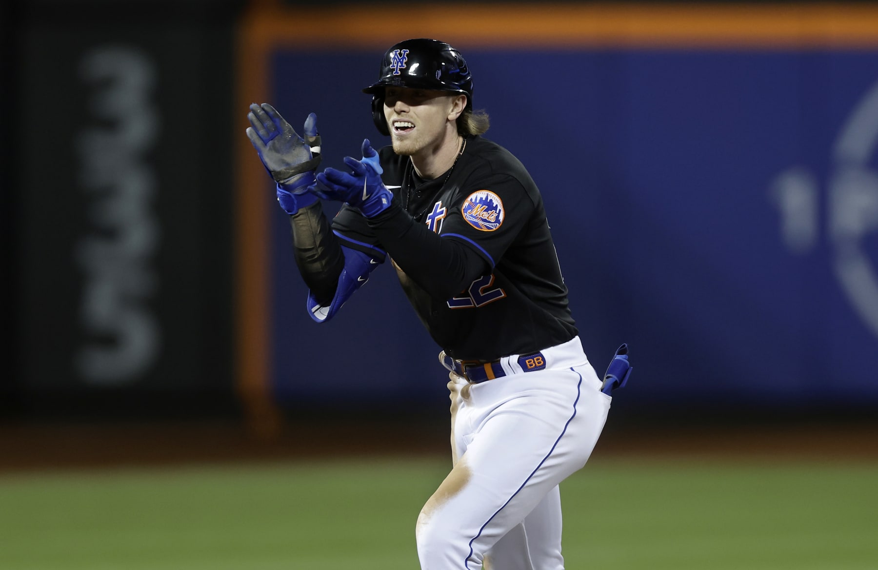 NEW YORK, NEW YORK - MAY 05:  Brett Baty #22 of the New York Mets in action against the Colorado Rockies at Citi Field on May 05, 2023 in New York City. The Mets defeated the Rockies 1-0. (Photo by Jim McIsaac/Getty Images)
