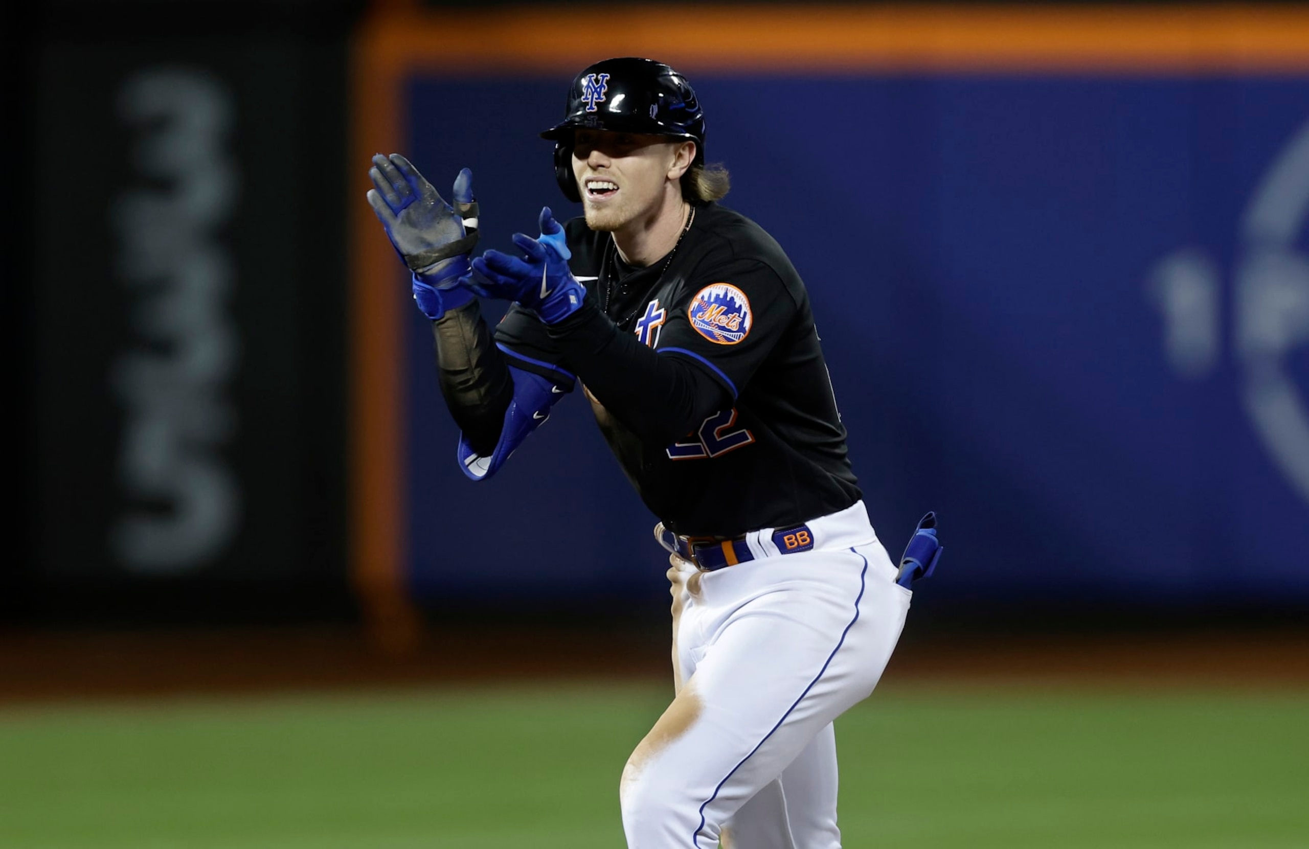 NEW YORK, NEW YORK - MAY 05:  Brett Baty #22 of the New York Mets in action against the Colorado Rockies at Citi Field on May 05, 2023 in New York City. The Mets defeated the Rockies 1-0. (Photo by Jim McIsaac/Getty Images)