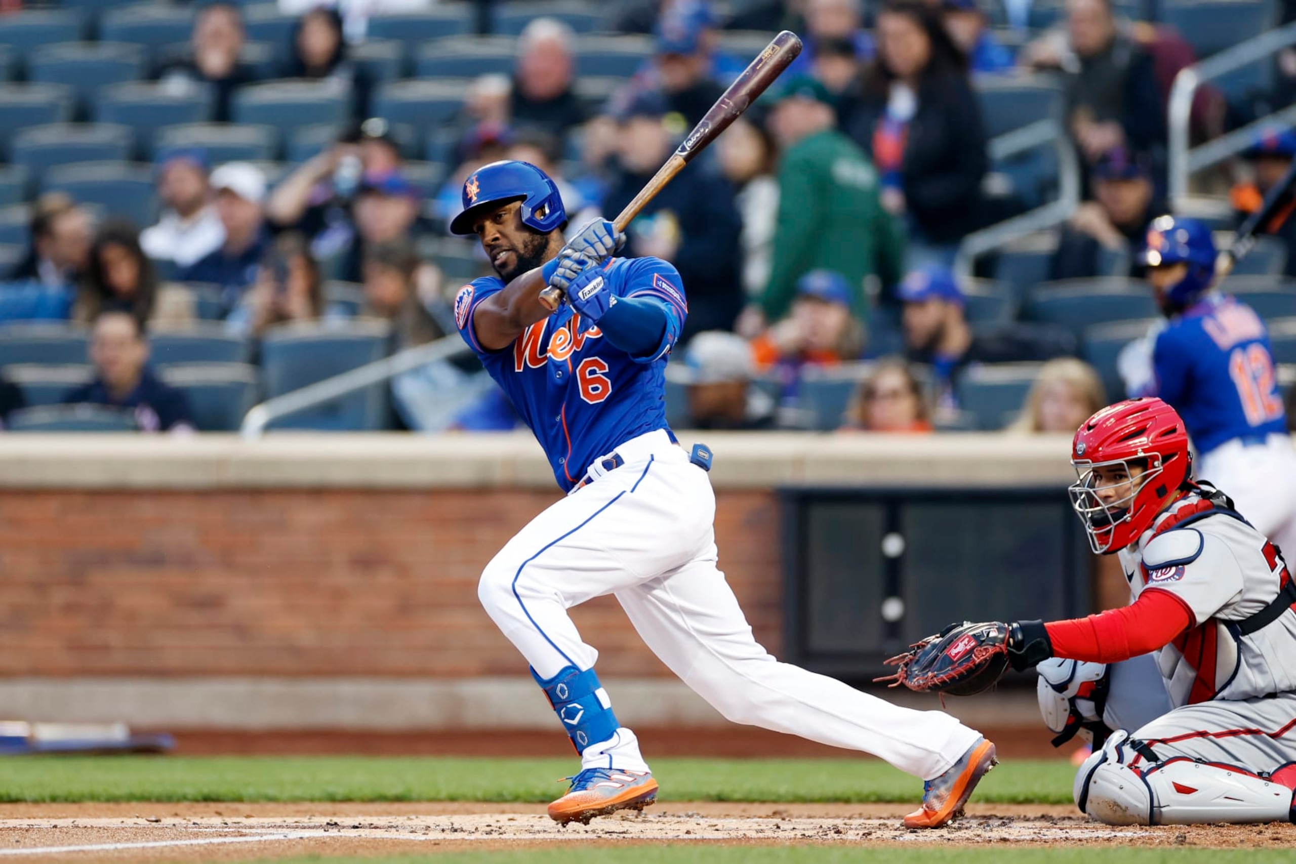 NEW YORK, NEW YORK - APRIL 26: Starling Marte #6 of the New York Mets swings at a pitch during the first inning against the Washington Nationals at Citi Field on April 26, 2023 in the Flushing neighborhood of the Queens borough of New York City. (Photo by Sarah Stier/Getty Images)