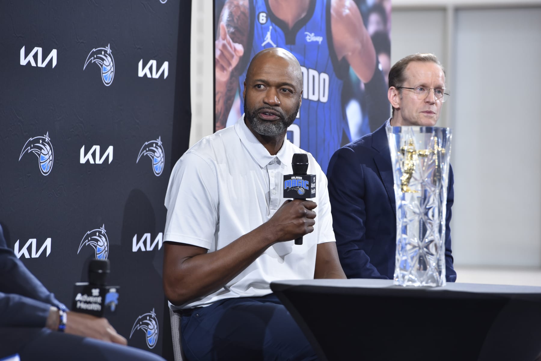 LAKELAND, FL - APRIL 26: Head Coach Jamahl Mosley of the Orland Magic talks to the media after presenting Paolo Banchero #5 with the 2022-23 Kia NBA Rookie of the Year Award on April 26, 2023 at the AdventHealth Training Center in Orlando, Florida. NOTE TO USER: User expressly acknowledges and agrees that, by downloading and or using this photograph, User is consenting to the terms and conditions of the Getty Images License Agreement. Mandatory Copyright Notice: Copyright 2023 NBAE (Photo by Gary Bassing/NBAE via Getty Images)