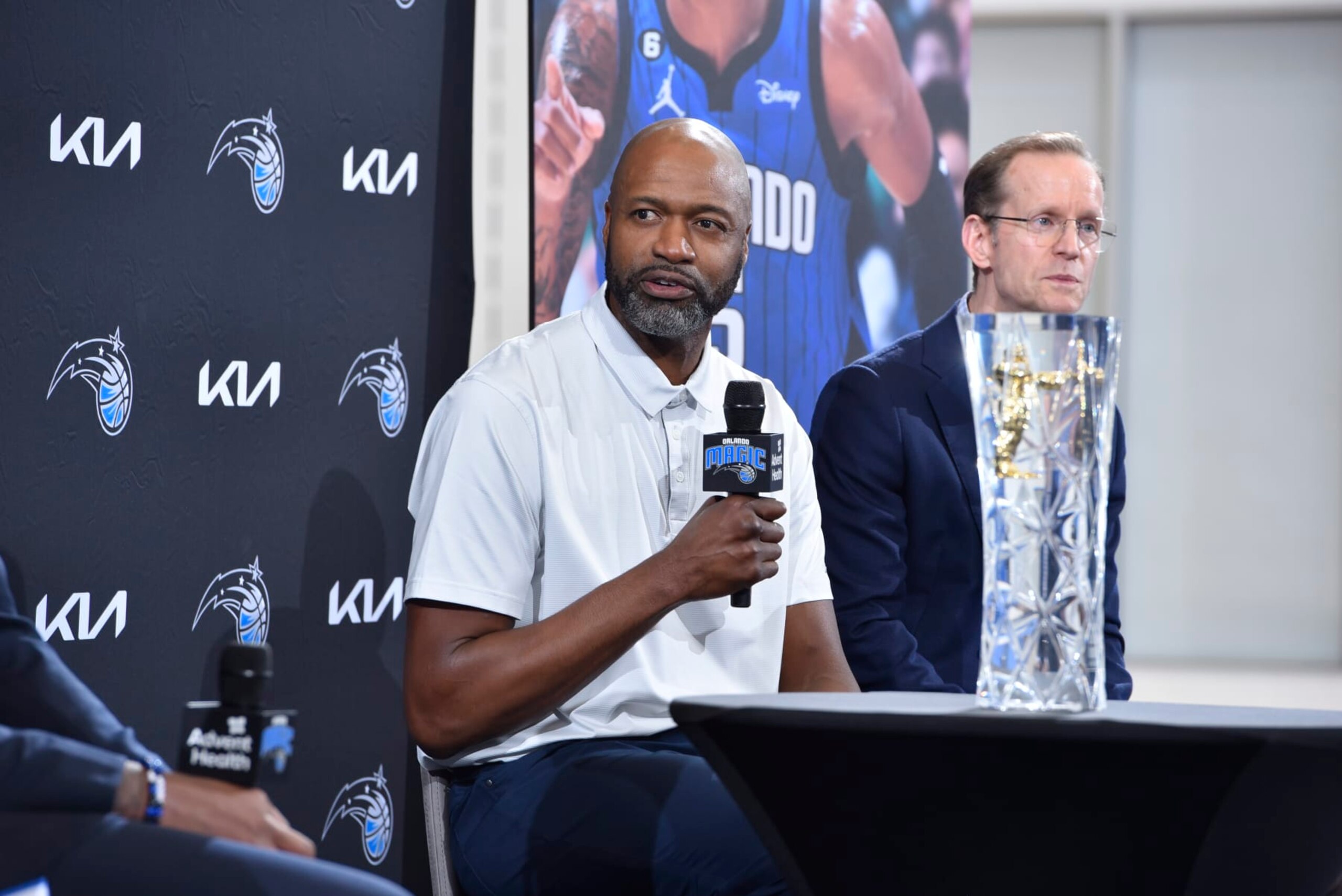 LAKELAND, FL - APRIL 26: Head Coach Jamahl Mosley of the Orland Magic talks to the media after presenting Paolo Banchero #5 with the 2022-23 Kia NBA Rookie of the Year Award on April 26, 2023 at the AdventHealth Training Center in Orlando, Florida. NOTE TO USER: User expressly acknowledges and agrees that, by downloading and or using this photograph, User is consenting to the terms and conditions of the Getty Images License Agreement. Mandatory Copyright Notice: Copyright 2023 NBAE (Photo by Gary Bassing/NBAE via Getty Images) LAKELAND, FL - APRIL 26: Head Coach Jamahl Mosley of the Orland Magic talks to the media after presenting Paolo Banchero #5 with the 2022-23 Kia NBA Rookie of the Year Award on April 26, 2023 at the AdventHealth Training Center in Orlando, Florida. NOTE TO USER: User expressly acknowledges and agrees that, by downloading and or using this photograph, User is consenting to the terms and conditions of the Getty Images License Agreement. Mandatory Copyright Notice: Copyright 2023 NBAE (Photo by Gary Bassing/NBAE via Getty Images)