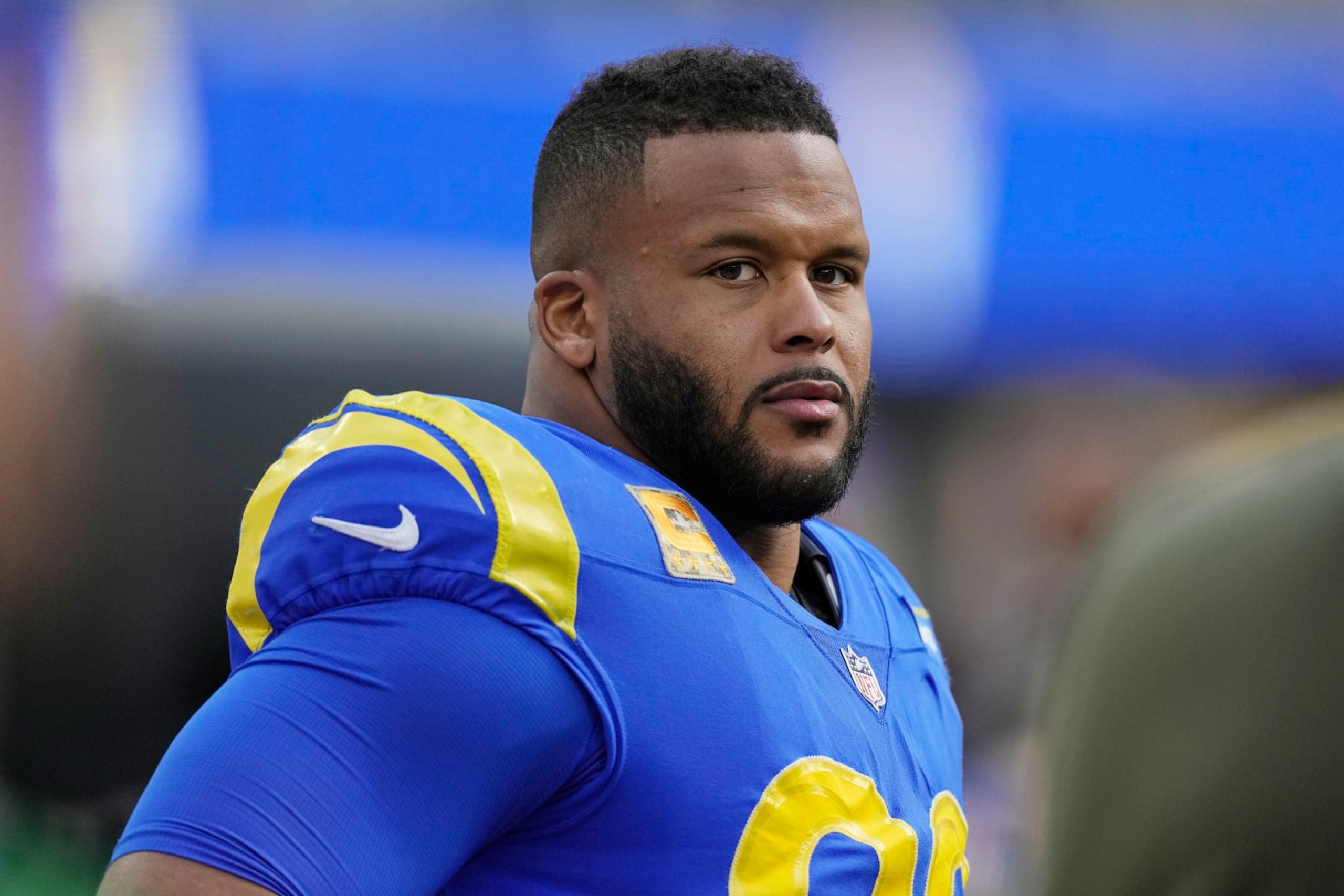 Los Angeles Rams defensive tackle Aaron Donald looks on from the bench during the first half of an NFL football game against the Arizona Cardinals Sunday, Nov. 13, 2022, in Inglewood, Calif. (AP Photo/Mark J. Terrill) Los Angeles Rams defensive tackle Aaron Donald looks on from the bench during the first half of an NFL football game against the Arizona Cardinals Sunday, Nov. 13, 2022, in Inglewood, Calif. (AP Photo/Mark J. Terrill)