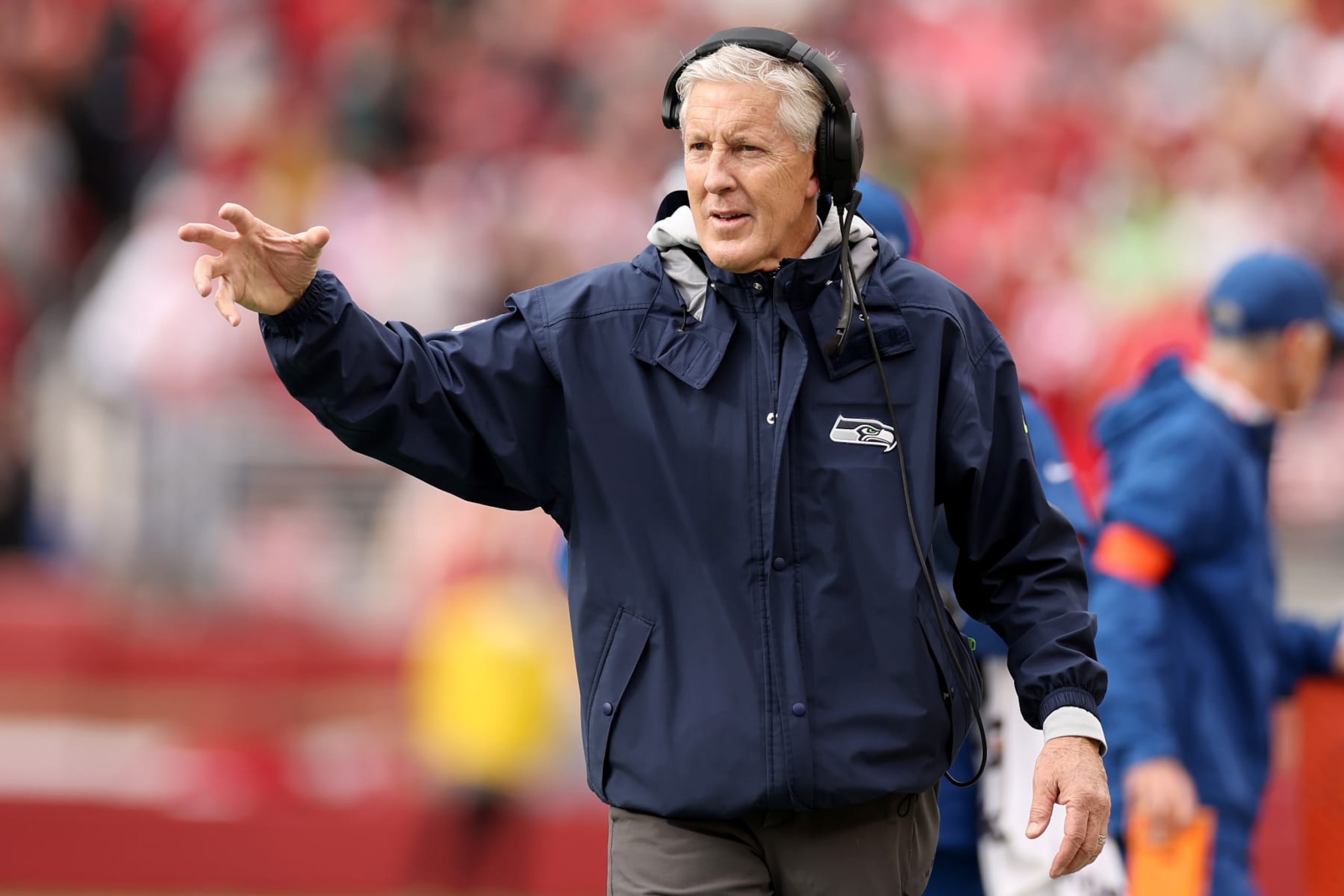SANTA CLARA, CALIFORNIA - JANUARY 14: Head coach Pete Carroll of the Seattle Seahawks reacts against the San Francisco 49ers during the second quarter in the NFC Wild Card playoff game at Levi's Stadium on January 14, 2023 in Santa Clara, California. (Photo by Ezra Shaw/Getty Images)
