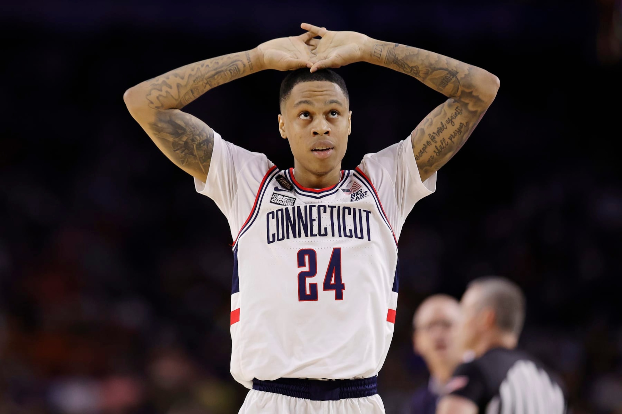 HOUSTON, TEXAS - APRIL 03: Jordan Hawkins #24 of the Connecticut Huskies reacts during the first half against the San Diego State Aztecs during the NCAA Men's Basketball Tournament National Championship game at NRG Stadium on April 03, 2023 in Houston, Texas. (Photo by Carmen Mandato/Getty Images) HOUSTON, TEXAS - APRIL 03: Jordan Hawkins #24 of the Connecticut Huskies reacts during the first half against the San Diego State Aztecs during the NCAA Men's Basketball Tournament National Championship game at NRG Stadium on April 03, 2023 in Houston, Texas. (Photo by Carmen Mandato/Getty Images)