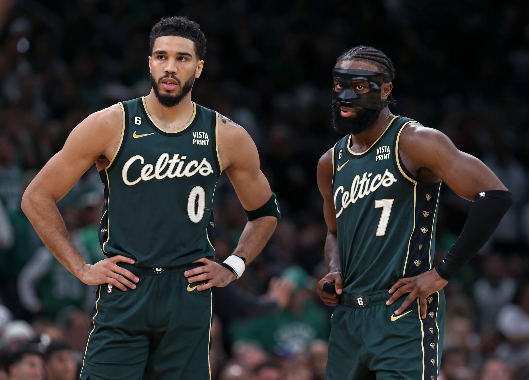 Boston, MA - May 9: Boston Celtics SF Jayson Tatum and SG Jaylen Brown stand next to each other in the second quarter. The Celtics lost to the Philadelphia 76ers, 115-103, in Game 5 of the 2023 Eastern Conference Semifinals. (Photo by Jim Davis/The Boston Globe via Getty Images)