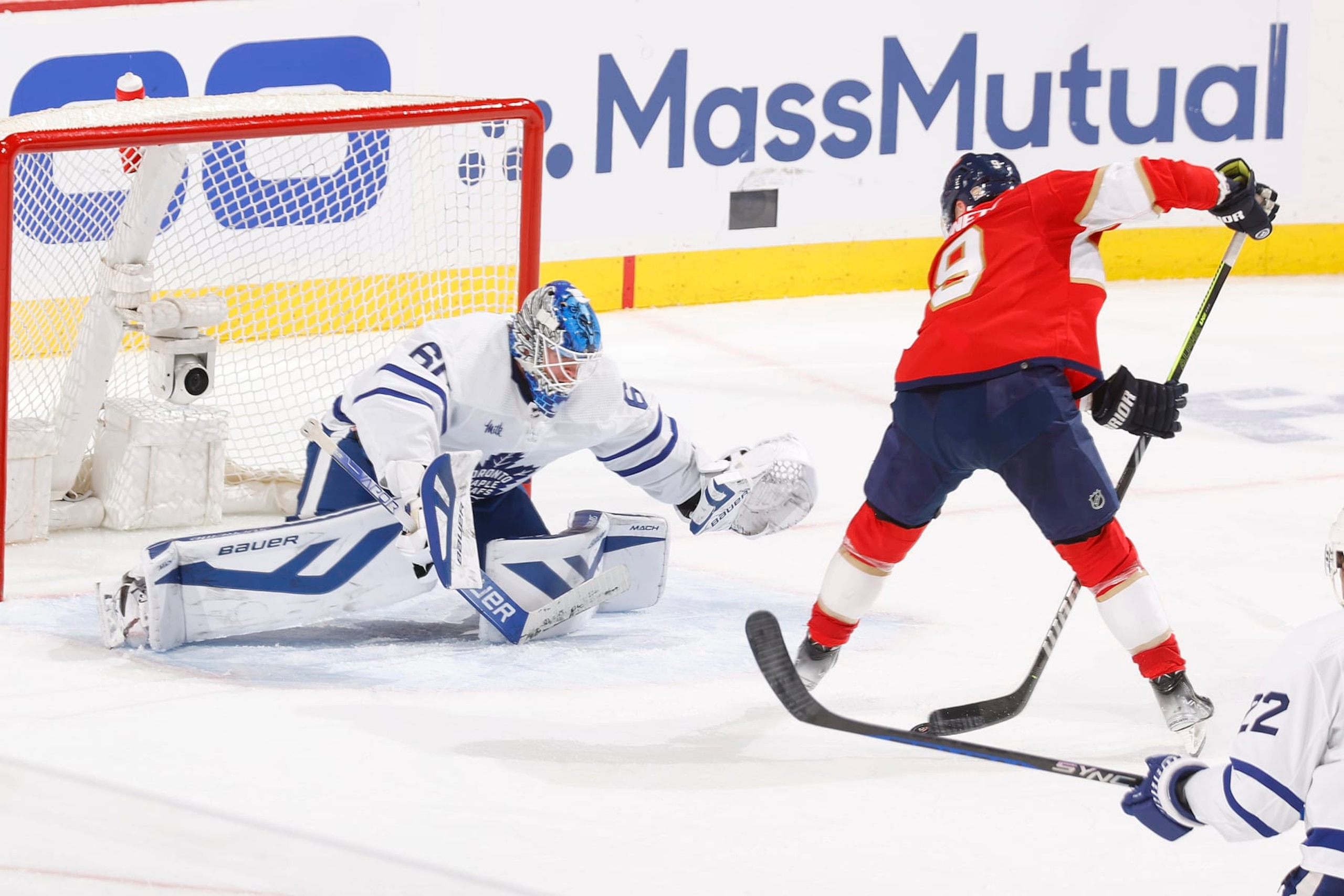 SUNRISE, FL - MAY 7: Joseph Woll #60 of the Toronto Maple Leafs stops a shot by Matthew Tkachuk #19 of the Florida Panthers during third period action in Game Three of the Second Round of the 2023 Stanley Cup Playoffs at the FLA Live Arena on May 7, 2023 in Sunrise, Florida. (Photo by Joel Auerbach/Getty Images)