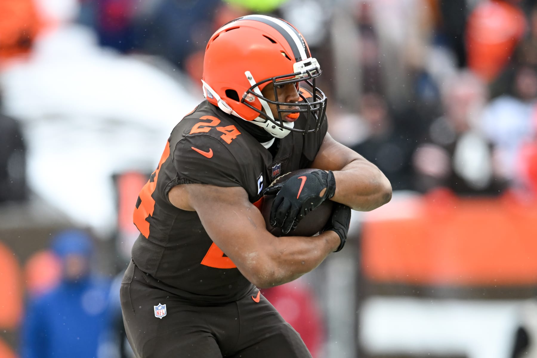 CLEVELAND, OHIO - DECEMBER 24: Nick Chubb #24 of the Cleveland Browns carries the ball during the first half against the New Orleans Saints at FirstEnergy Stadium on December 24, 2022 in Cleveland, Ohio. (Photo by Nick Cammett/Diamond Images via Getty Images)