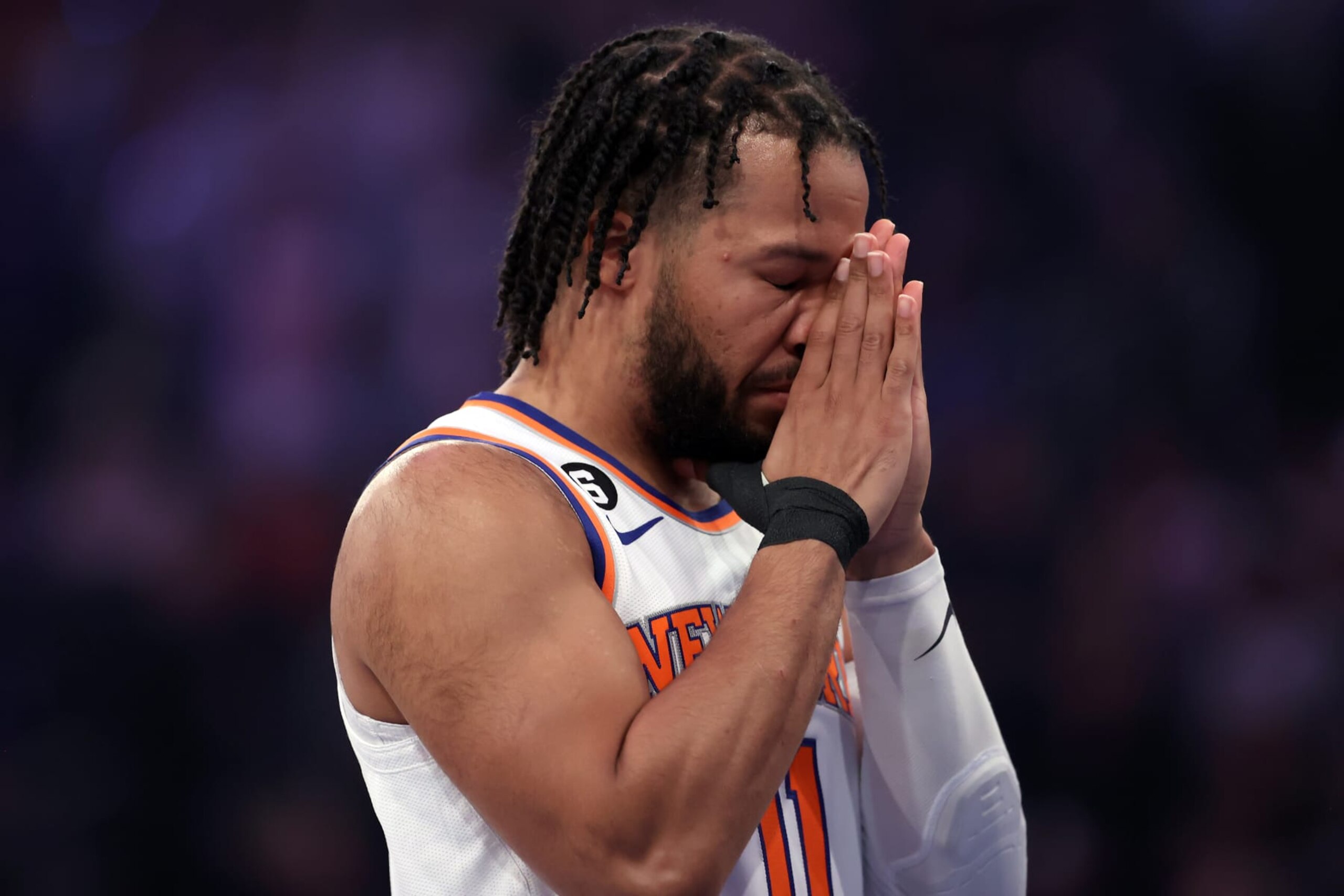NEW YORK, NEW YORK - MAY 10: Jalen Brunson #11 of the New York Knicks prepares to play prior to game five of the Eastern Conference Semifinals in the 2023 NBA Playoffs against the Miami Heat at Madison Square Garden on May 10, 2023 in New York City. NOTE TO USER: User expressly acknowledges and agrees that, by downloading and or using this photograph, User is consenting to the terms and conditions of the Getty Images License Agreement. (Photo by Elsa/Getty Images)