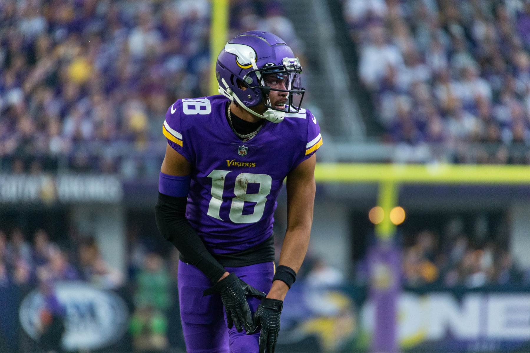 MINNEAPOLIS, MN - JANUARY 15: Minnesota Vikings wide receiver Justin Jefferson (18) lines up for a play during the NFL game between the New York Giants and Minnesota Vikings on January 15th, 2023, at U.S. Bank Stadium in Minneapolis, MN. (Photo by Bailey Hillesheim/Icon Sportswire via Getty Images)