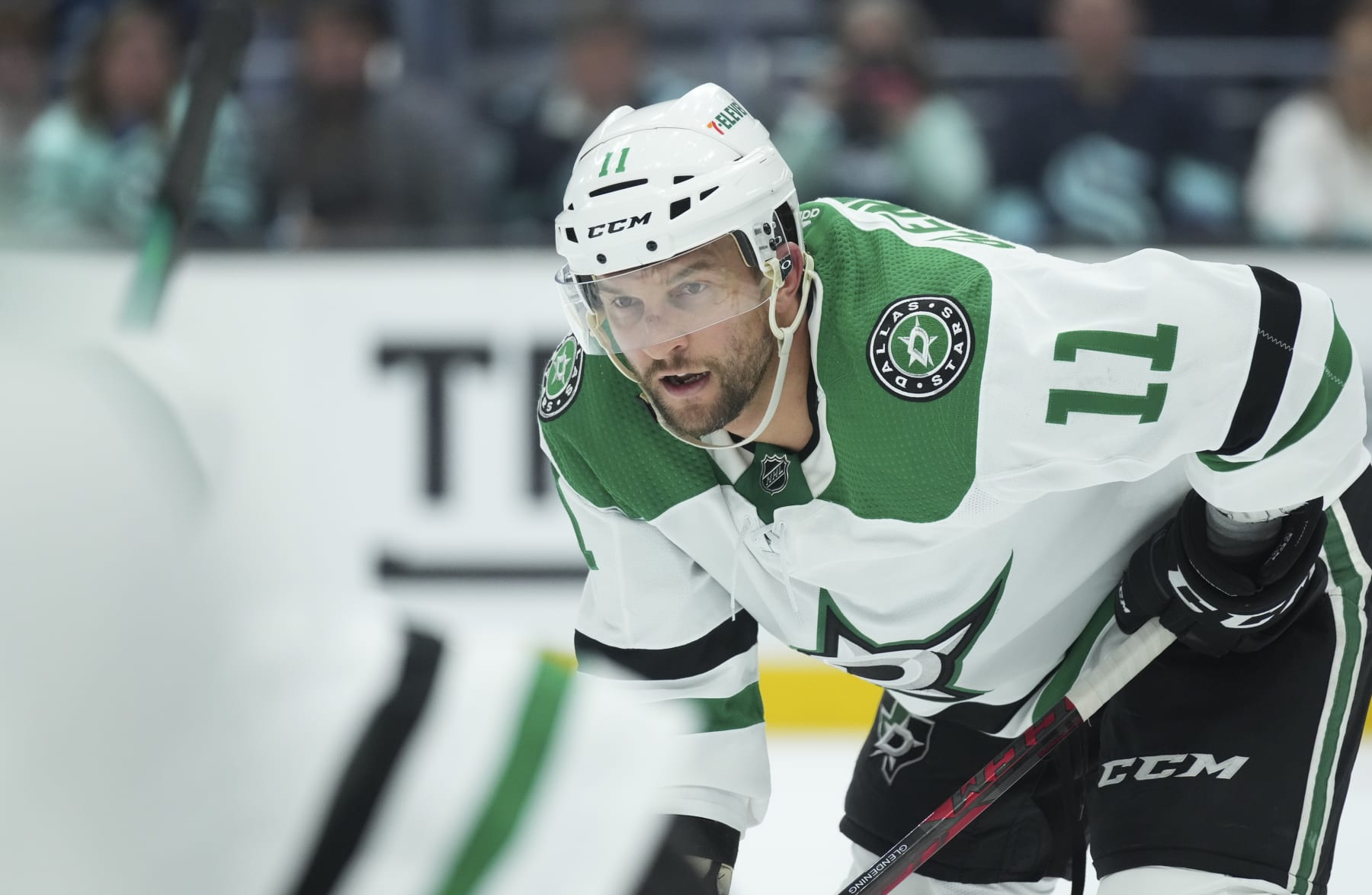 SEATTLE, WA - MAY 09: Dallas Stars center Luke Glendening (11) gets ready for a face-off during an NHL playoff game between the Dallas Stars and the Seattle Kraken on May 9, 2023 at Climate Pledge Arena in Seattle, WA. (Photo by Jeff Halstead/Icon Sportswire via Getty Images)