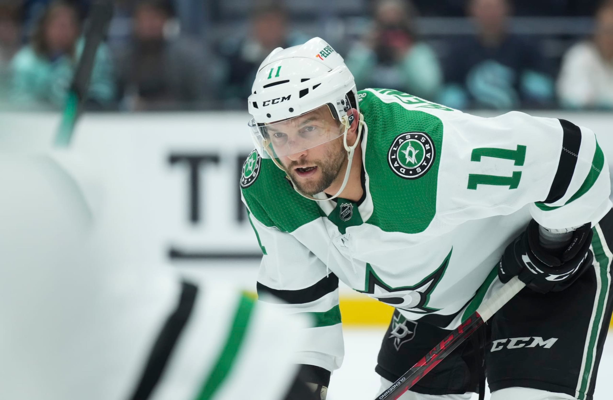 SEATTLE, WA - MAY 09: Dallas Stars center Luke Glendening (11) gets ready for a face-off during an NHL playoff game between the Dallas Stars and the Seattle Kraken on May 9, 2023 at Climate Pledge Arena in Seattle, WA. (Photo by Jeff Halstead/Icon Sportswire via Getty Images)